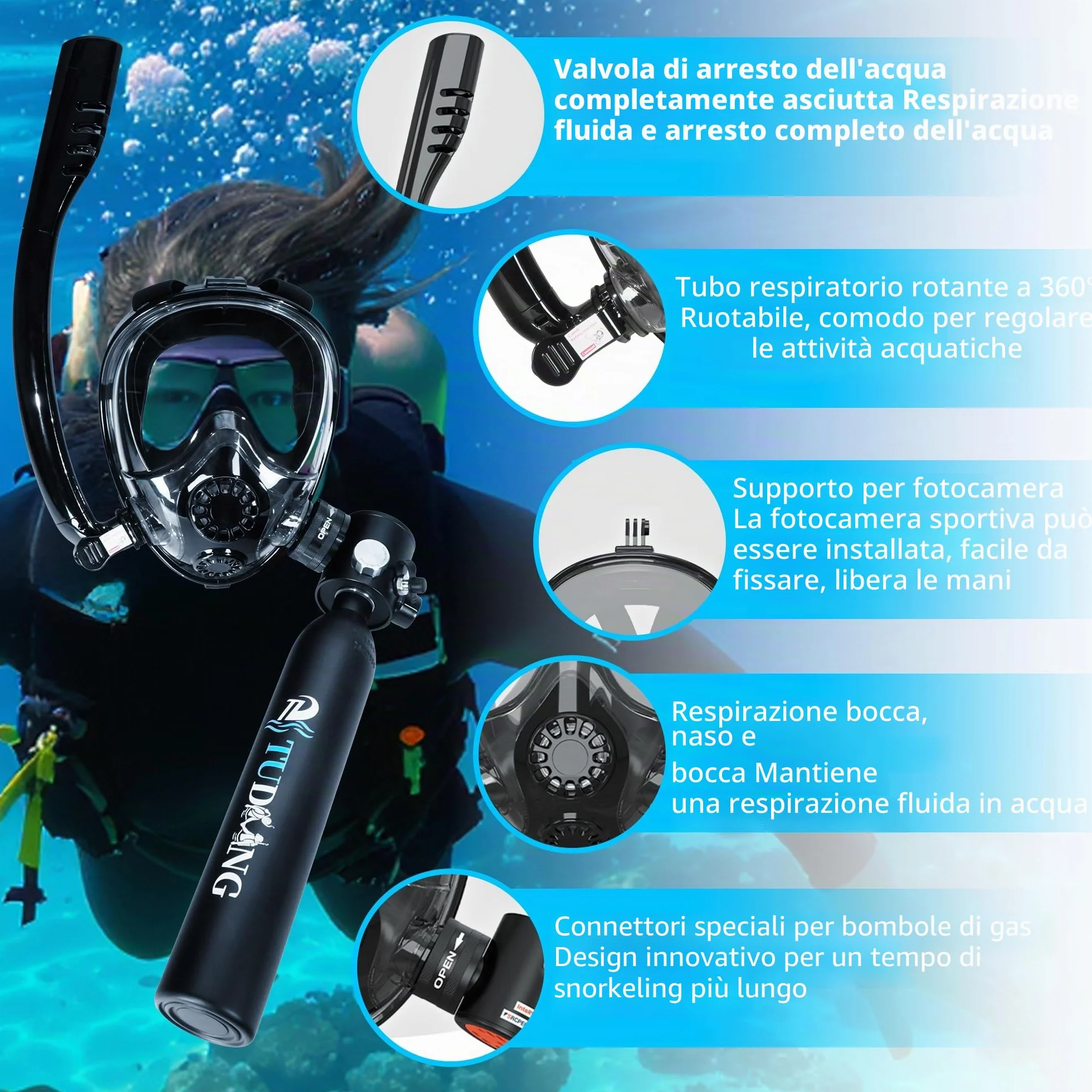 Bombola per immersioni subacquee 0.5L TUDIVING, mini ossigeno con maschera snorkeling, kit portatile