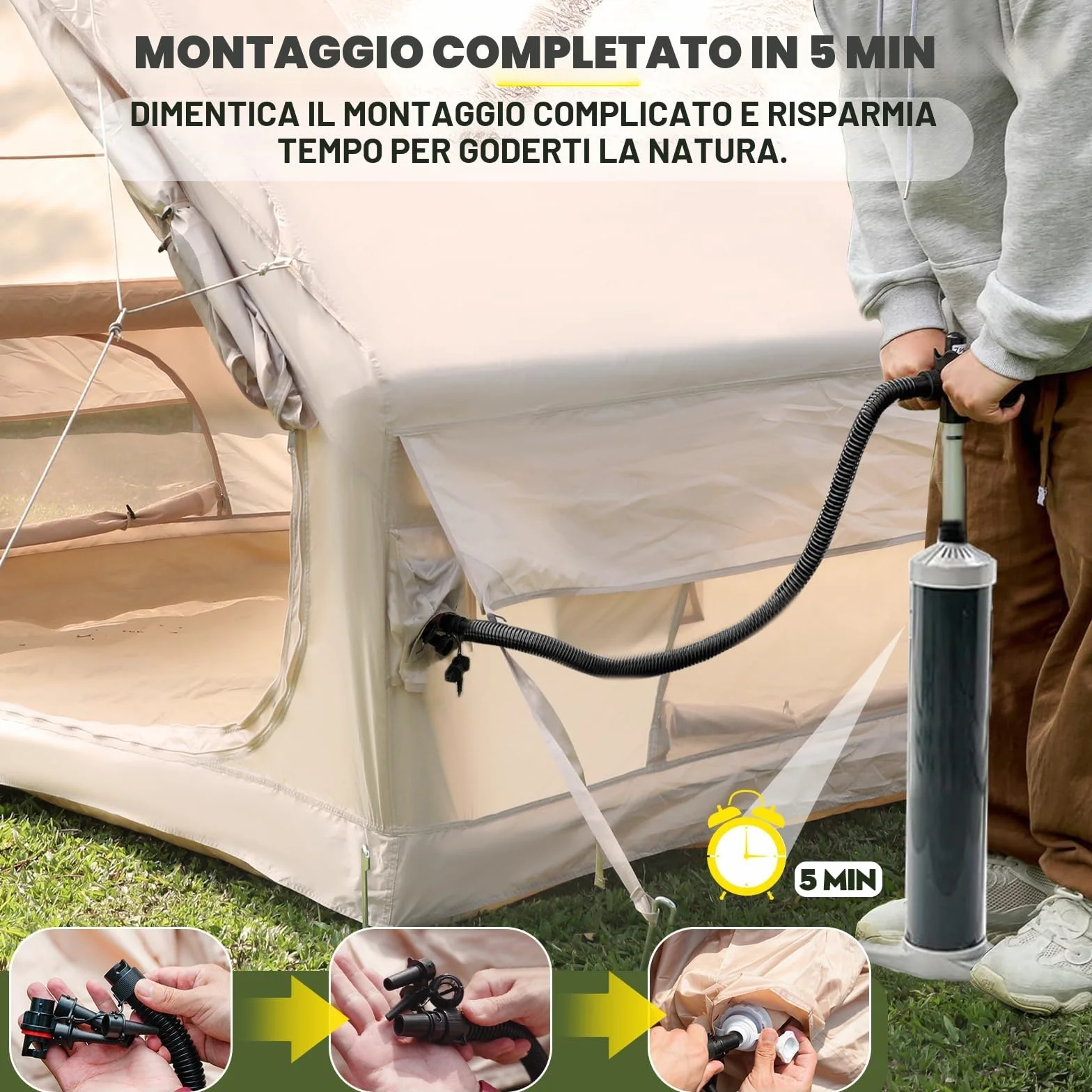 Tenda da campeggio gonfiabile 2-8 persone con apertura camino e lucernario, Oxford impermeabile 4 stagioni, pompa aria