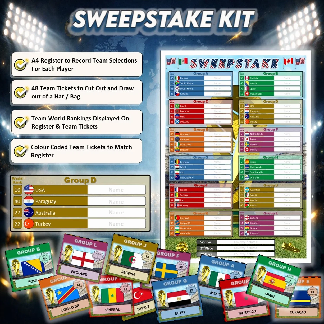 World Cup 2026 Wall Chart & Sweepstake Kit – Calcio Wall Planner z posterem, rejestrem A4 i 48 biletami