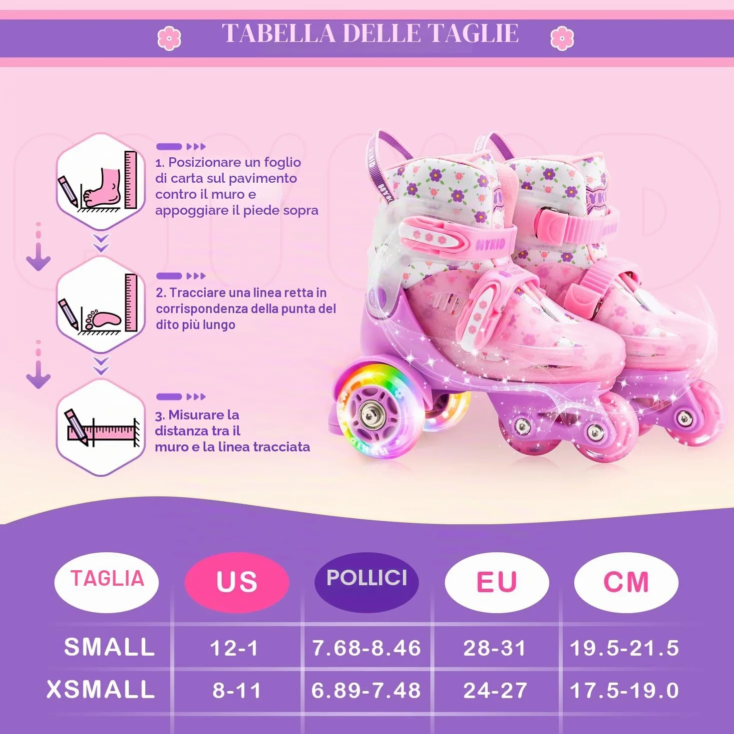 Pattini a Rotelle Bambina 4 Misure Regolabili, Struttura 3 Punti Stabile, Ruote Illuminate