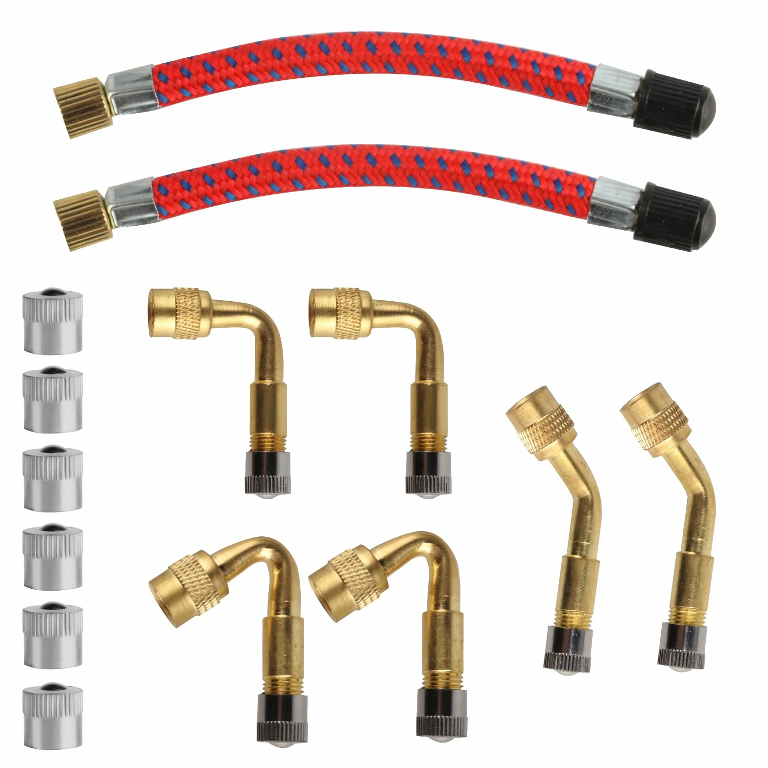 Set di 14 valvole per auto, 6 x 45° 90° 135° per valvola auto, adattatore per valvola angolare, 2 x 10 cm, 6 tappi in metallo, per auto, moto, bicicletta, scooter