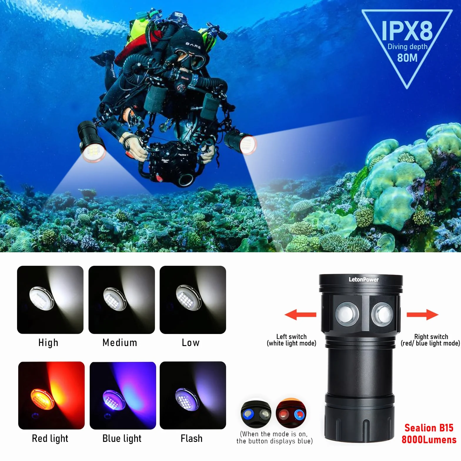 Torcia subacquea 8000Lumens 80m Video Light Scuba Dive Light