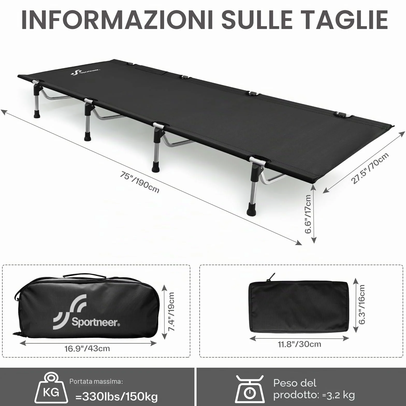 Sportneer Letto Pieghevole 190x70cm Portatile da Campeggio Carico Massimo 150kg per Tenda
