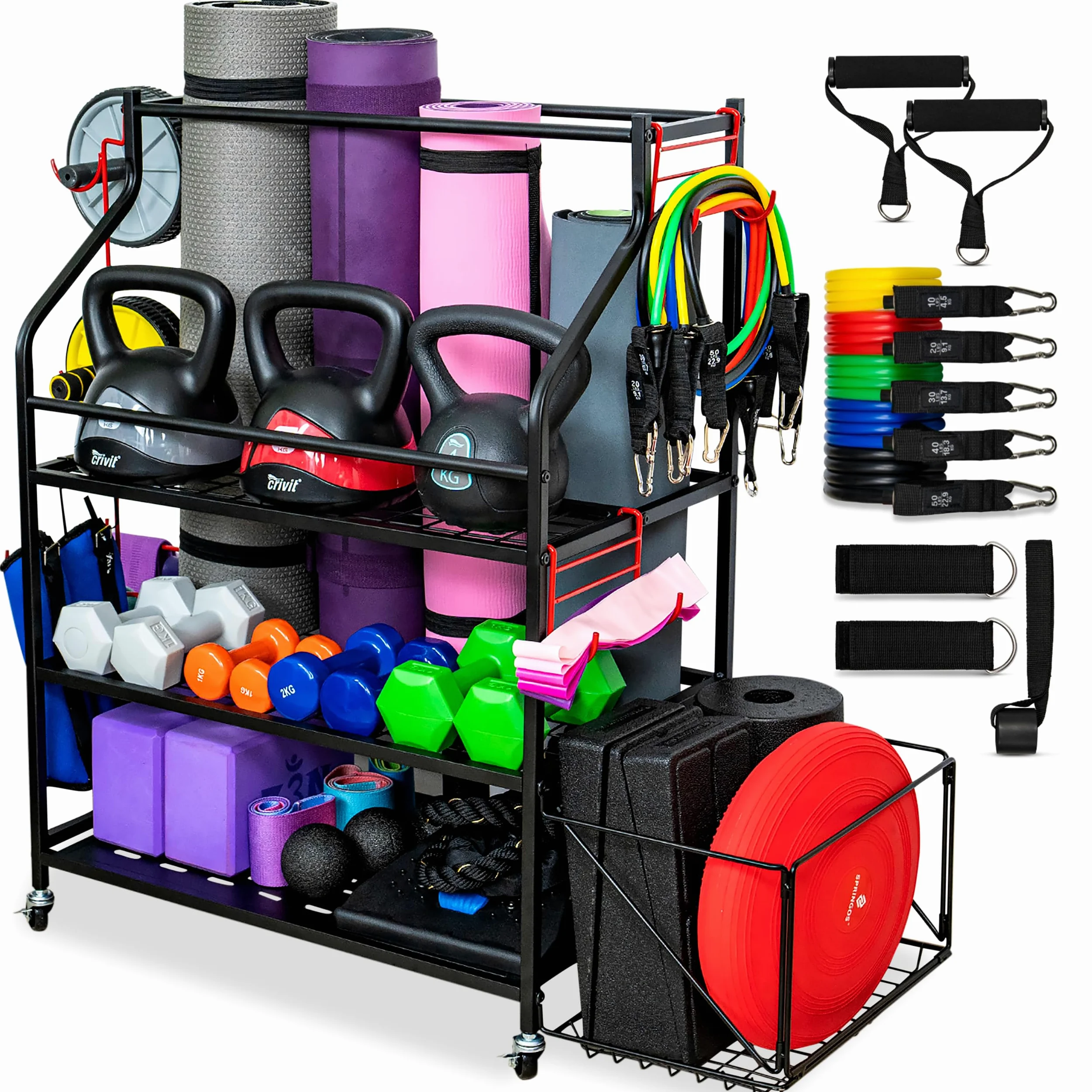 Scaffale per Palestra a Casa, Peerfetto per Tappetini Yoga, Organizer Multiuso per Strumenti Palestra con Ganci Multifunzione, Scaffale con Rotelle, Include Set di Fasce Elastiche fino a 68Kg