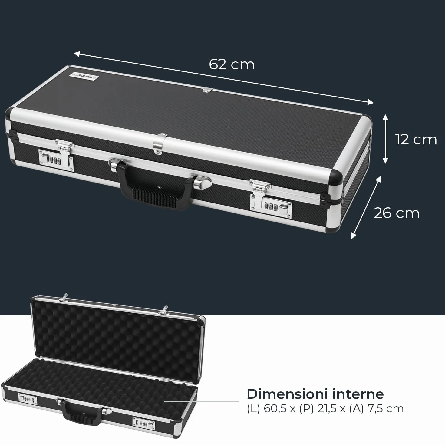 HMF 14433-02 Valise en aluminium pour armes à feu avec serrure à combinaison | 62 x 26 x 12 cm | Noir