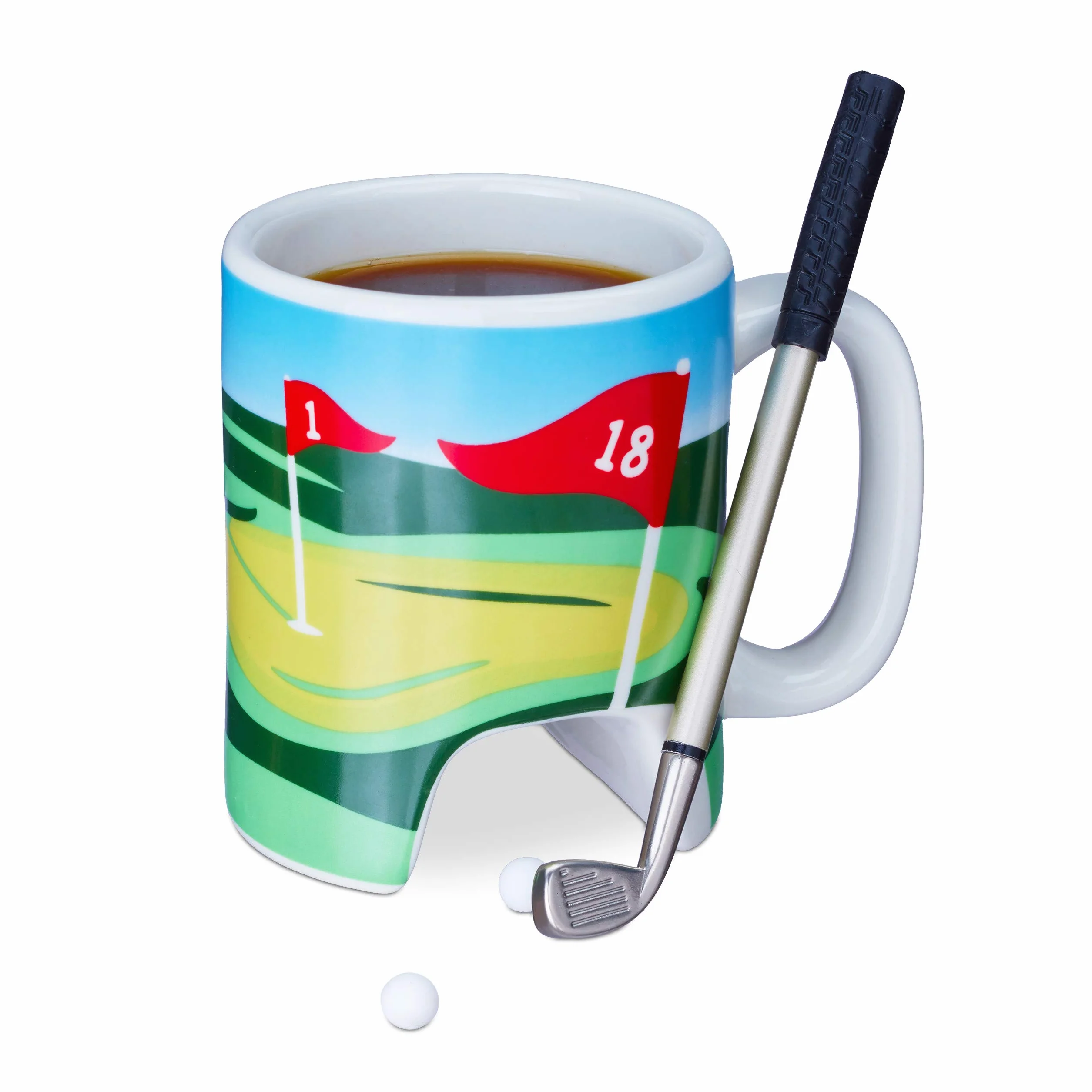 Relaxdays Tazza Golf con Mazza, Penna e 2 Palline, Idea Regalo, Mug Caffè colorato
