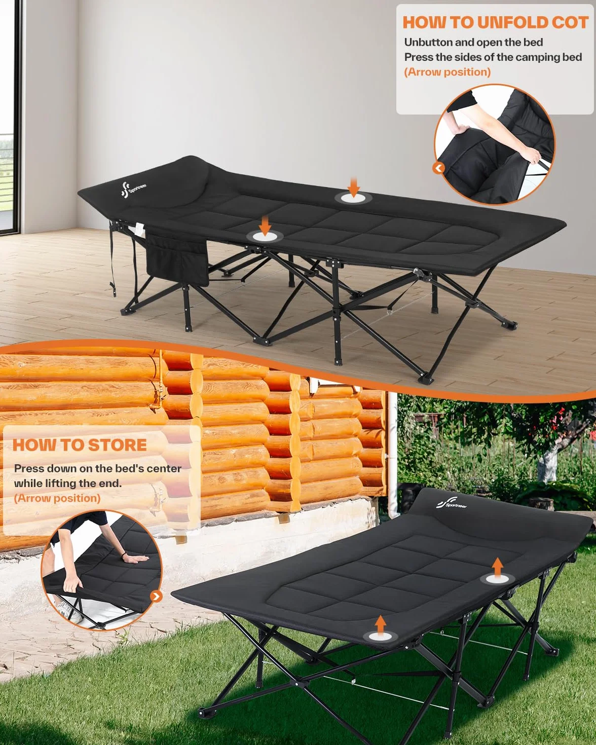 Sportneer Lettino da Campeggio Pieghevole per Adulti 69cm/79cm con Cuscino 204,1 kg