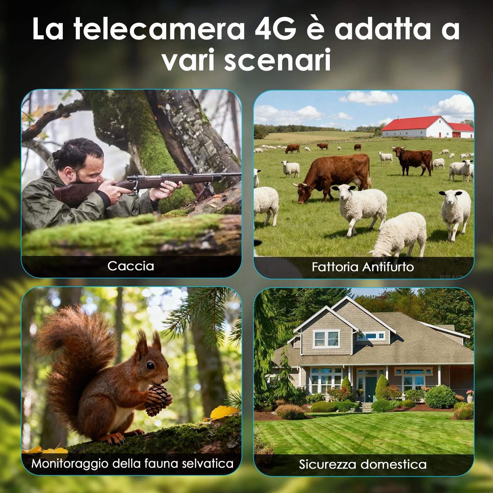 WOLFANG Fototrappola 4G LTE Solare 2K con Scheda SIM e 64GB SD, Visione Notturna, IP66, Nero