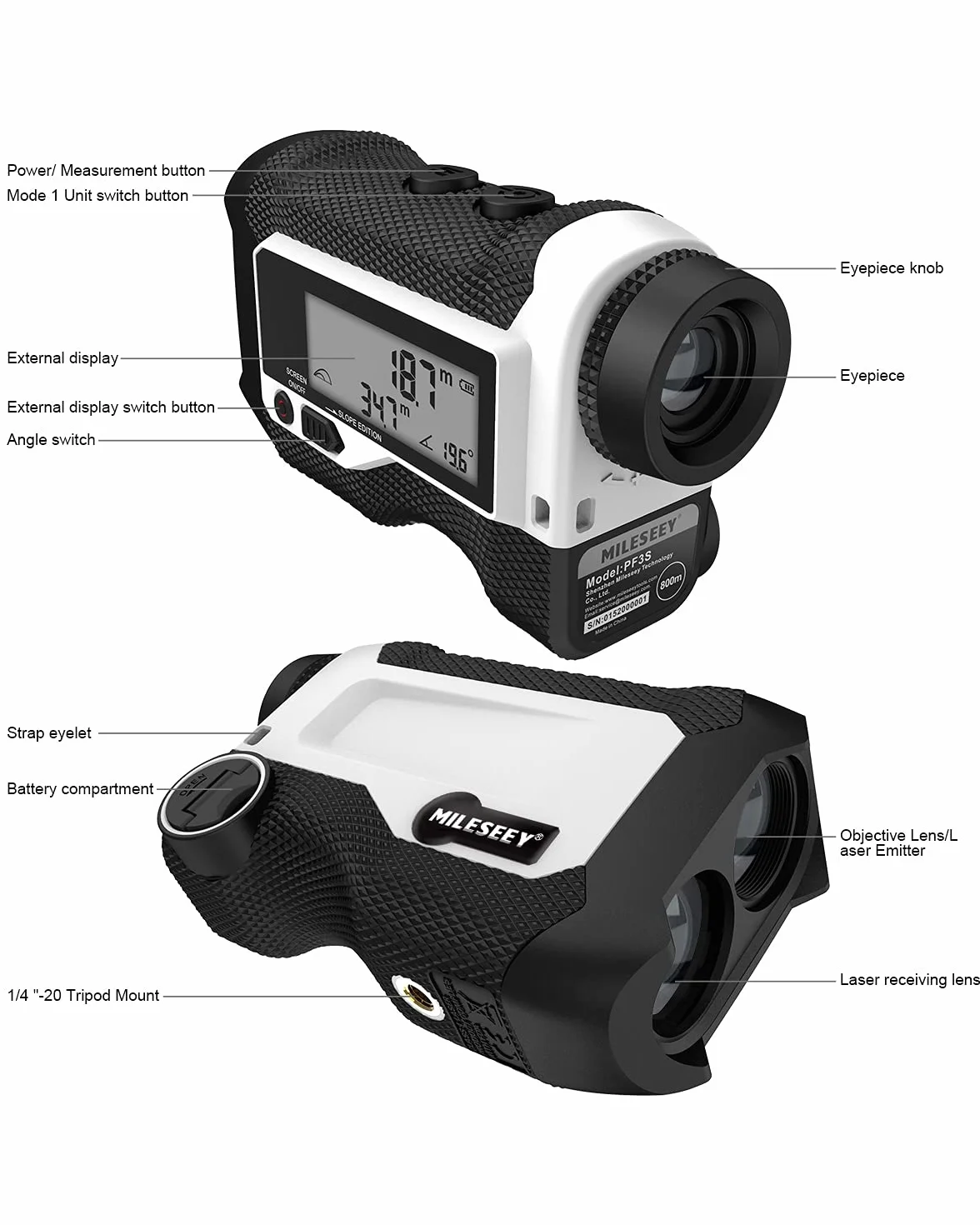 MiLESEEY PF3S Telemetro Golf/Caccia Da 800M con Display LCD Telemetri da Golf, con Interruttore di Inclinazione, Blocco Bandiera e Vibrazione, Precisione ± 0,5M, Montaggio su Treppiede