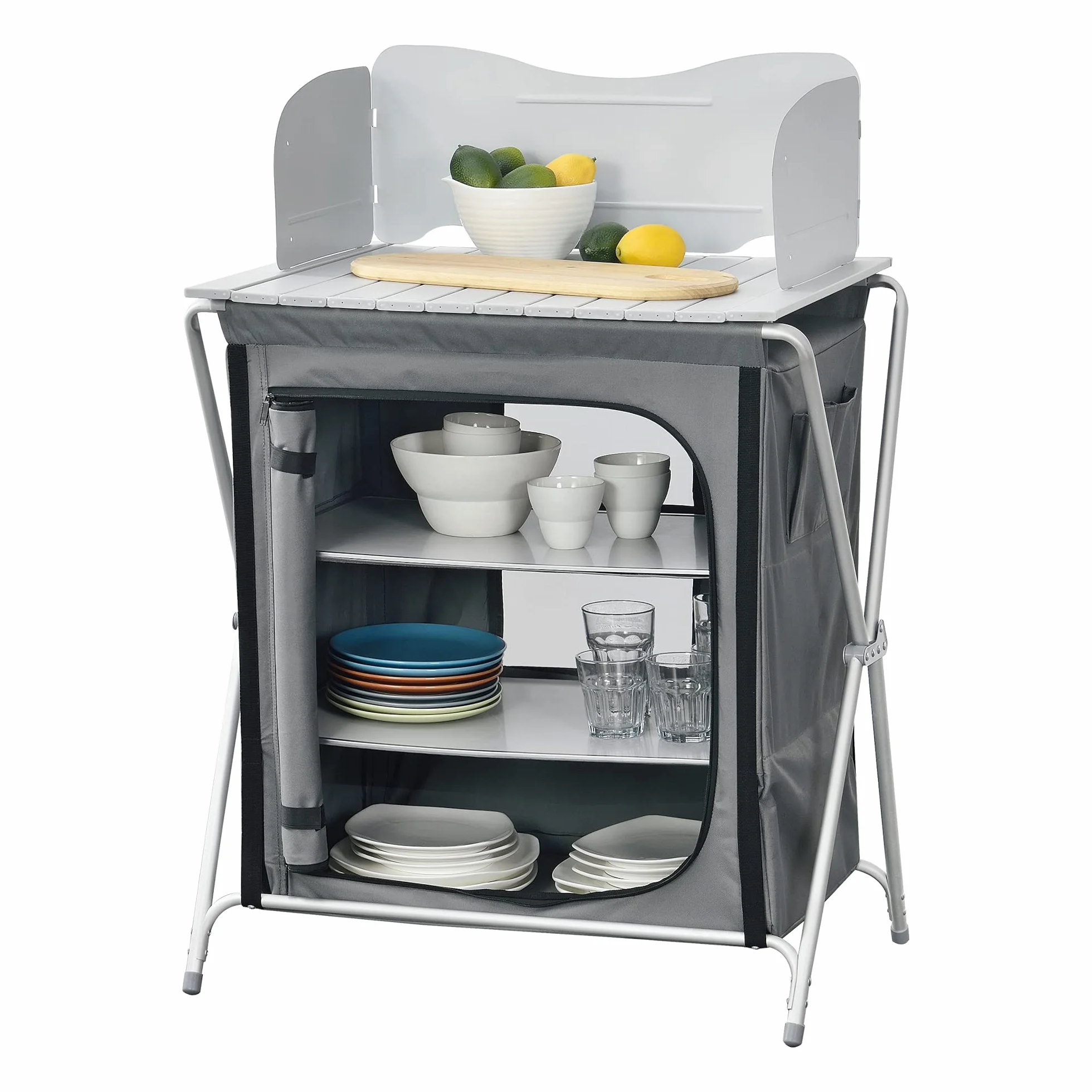 Mobile Portatile da Campeggio Credenza Cucina Pieghevole con Ripiani e Borsa di Trasporto Telaio in Alluminio 110x70x52 cm Grigio Scuro
