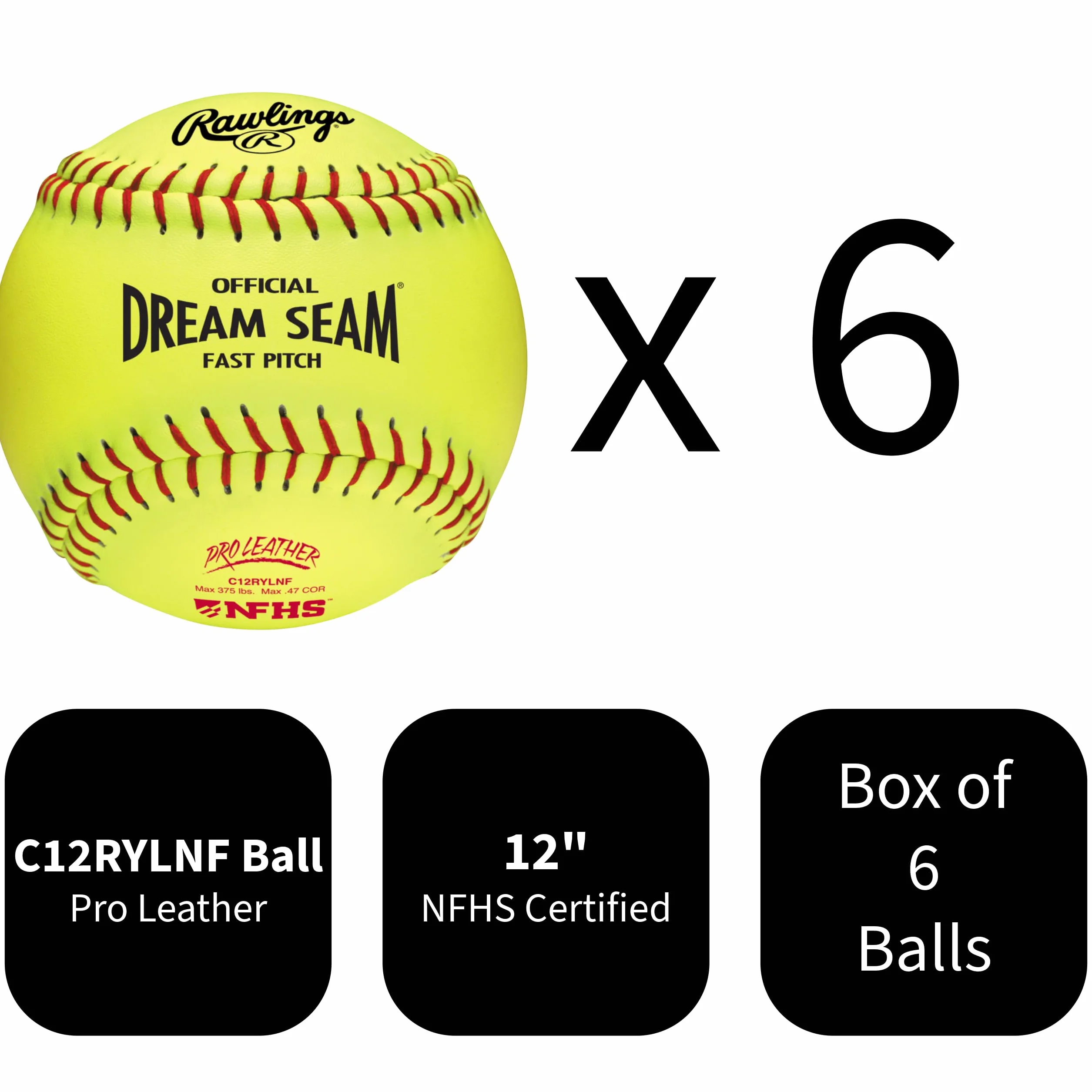 Rawlings Rawlings | Palline da softball ufficiali NFHS Pro Leather Dream Seam Fastpitch | C12RYLNF | 30,5 cm | Diverse opzioni di conteggio