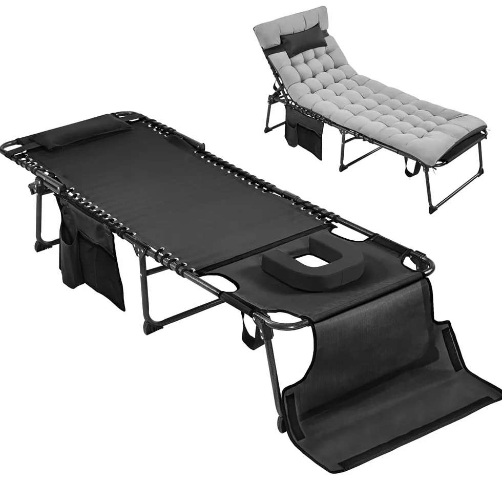 Yaheetech Lettino da Spiaggia Pieghevole Materasso Spesso 5 Regolazioni Tasca Laterale Portata 136 kg 189 x 67 x 35 cm Nero