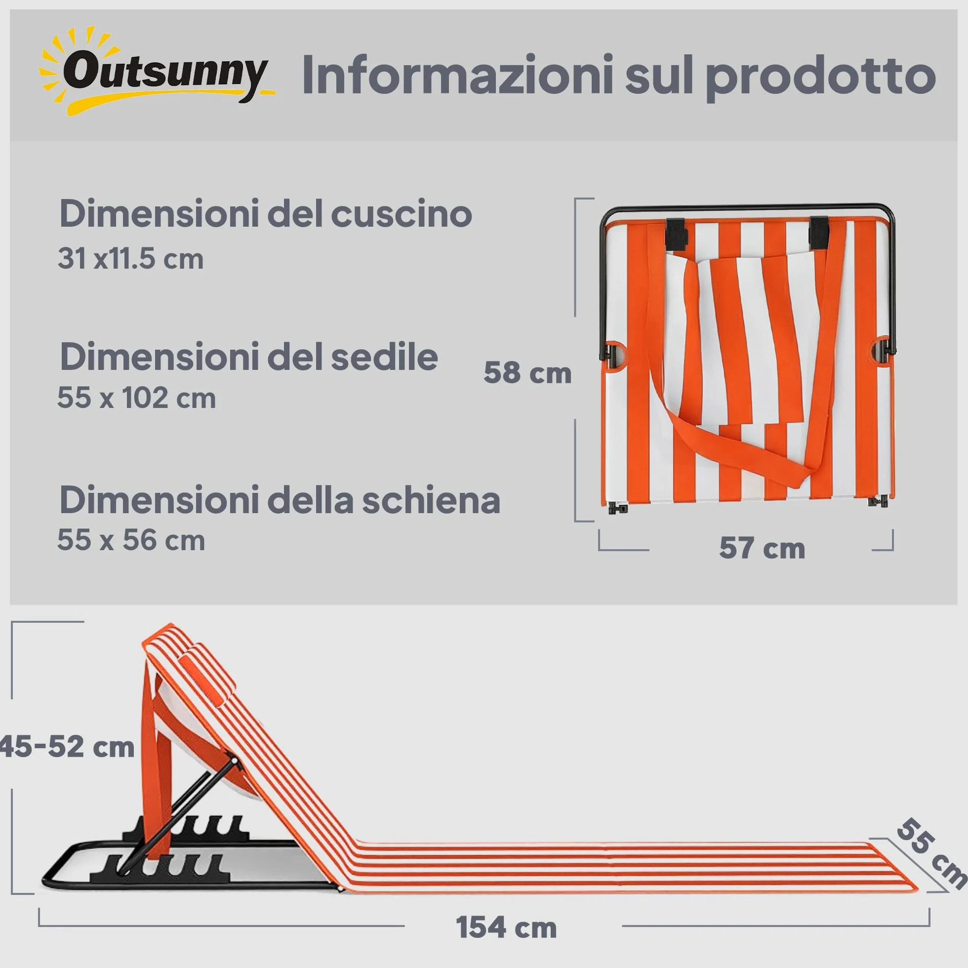 Outsunny Lettini da Spiaggia Pieghevoli Set 2, Schienale Regolabile 4 Livelli, Poggiatesta, Tasca Laterale, Arancione Bianco