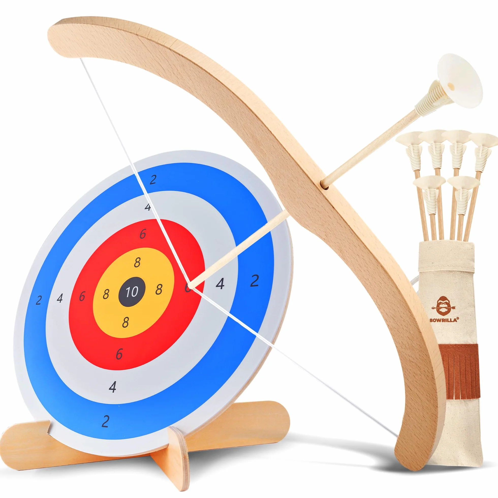 BOWRILLA® Set di Arco e Freccia per Bambini in Legno con 6 Frecce con Ventosa, Bersaglio e Faretra