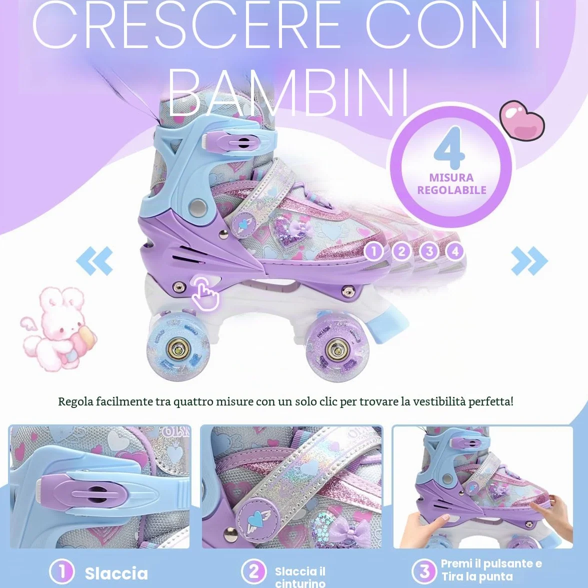 Pattini a Rotelle Bambina con Cuori Sognanti e Ruote Luminose, 4 Taglie Regolabili