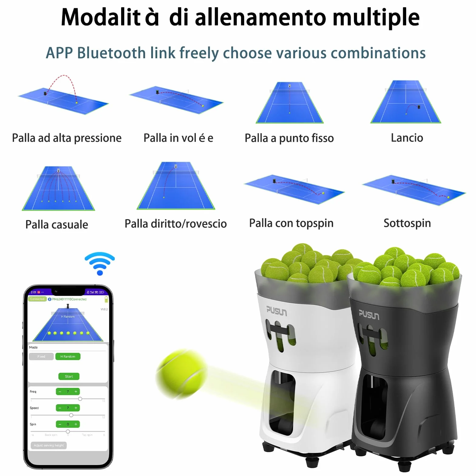 PUSUN PT-Mini PRO Macchina Lanciapalle Tennis Compatta 65+ Palline 8-60 km/h Batteria 3-5 Ore App
