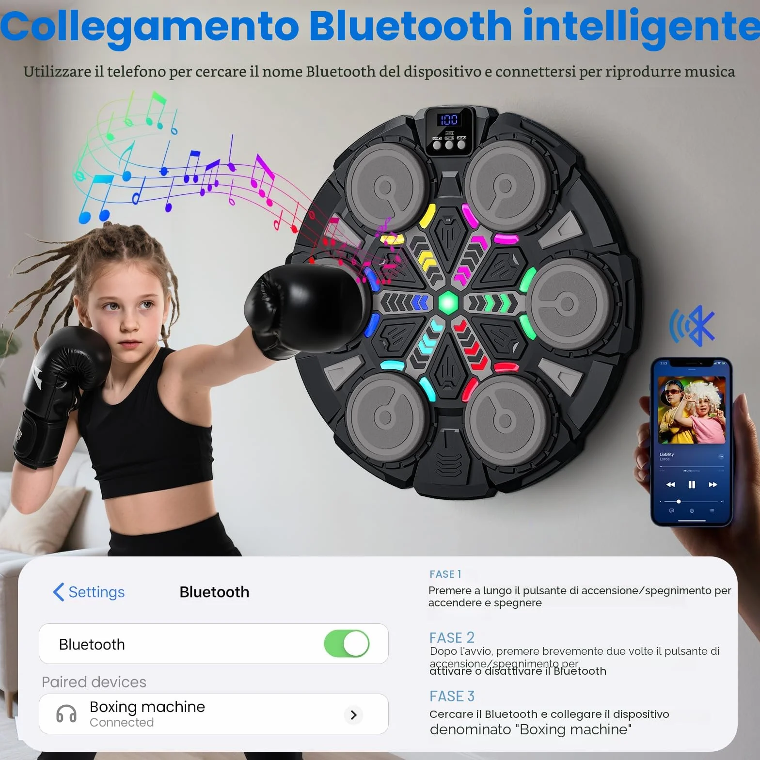 Macchina da Boxe Musicale, Nuovo Music Boxing Machine a Parete con Guanti, Connessione Bluetooth, Luci LED, Regolazione a 5 Velocità, Molteplici Modalità di Allenamento, Conteggio Automatico (A)