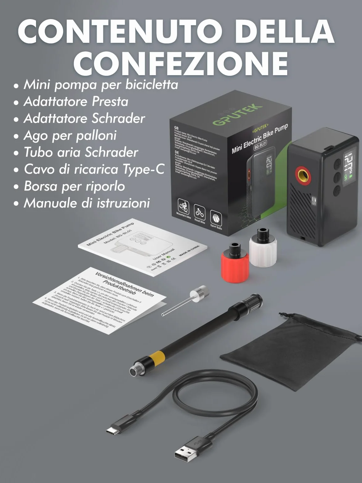 GPUTEK Pompa Elettrica per Bicicletta 120 Psi Portatile con Manometro Digitale per Valvole Presta e Schrader
