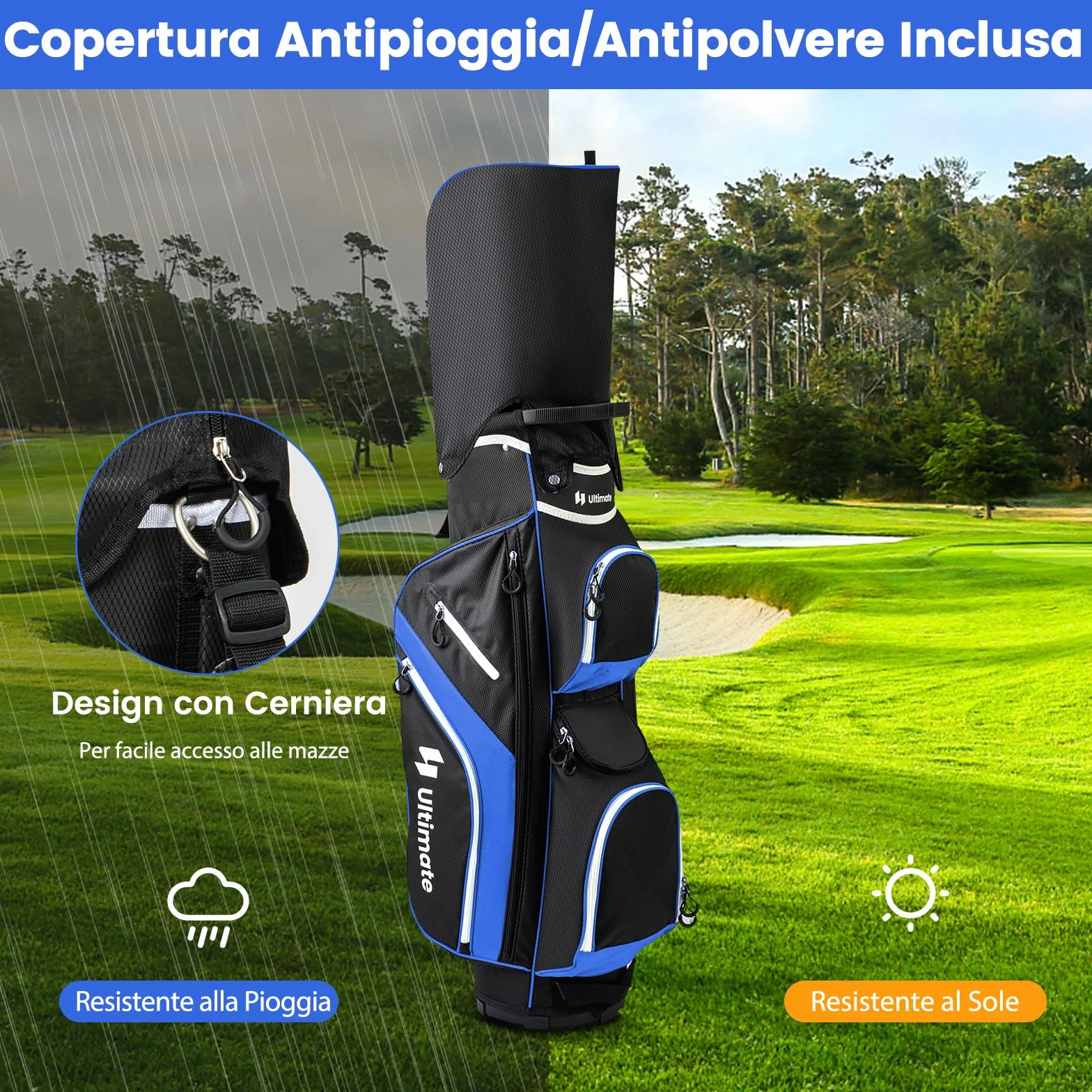 COSTWAY Borsa da Golf con Divisori Superiori a 14 Vie, 9 Tasche, Tasca Termica, Cappuccio Antipioggia