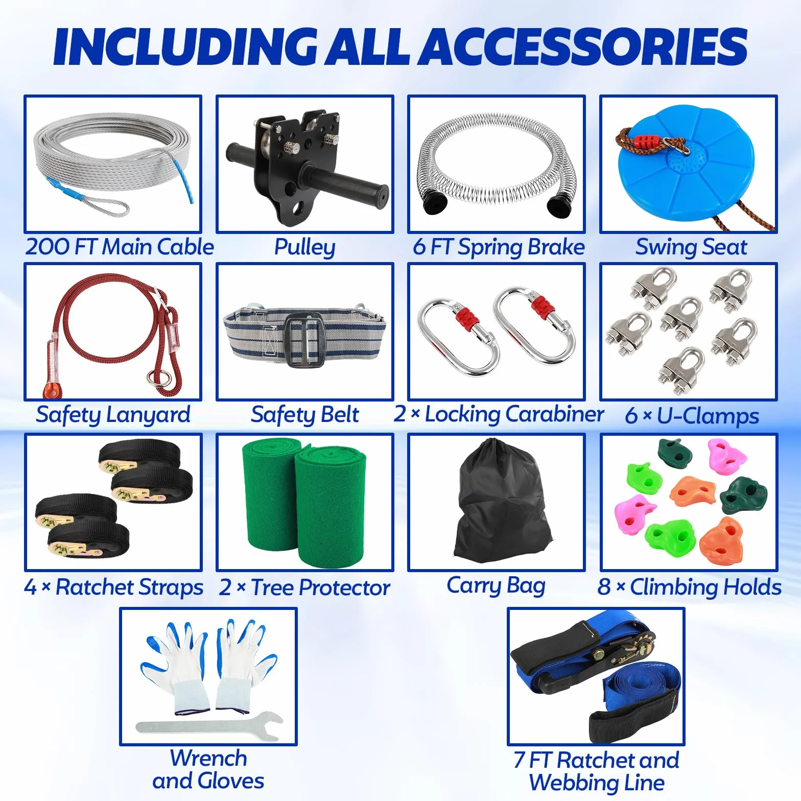 FAHKNS Kit zip line per bambini e adulti 60 m 180 kg Carrello rimovibile sedile ispessito imbracatura sicurezza