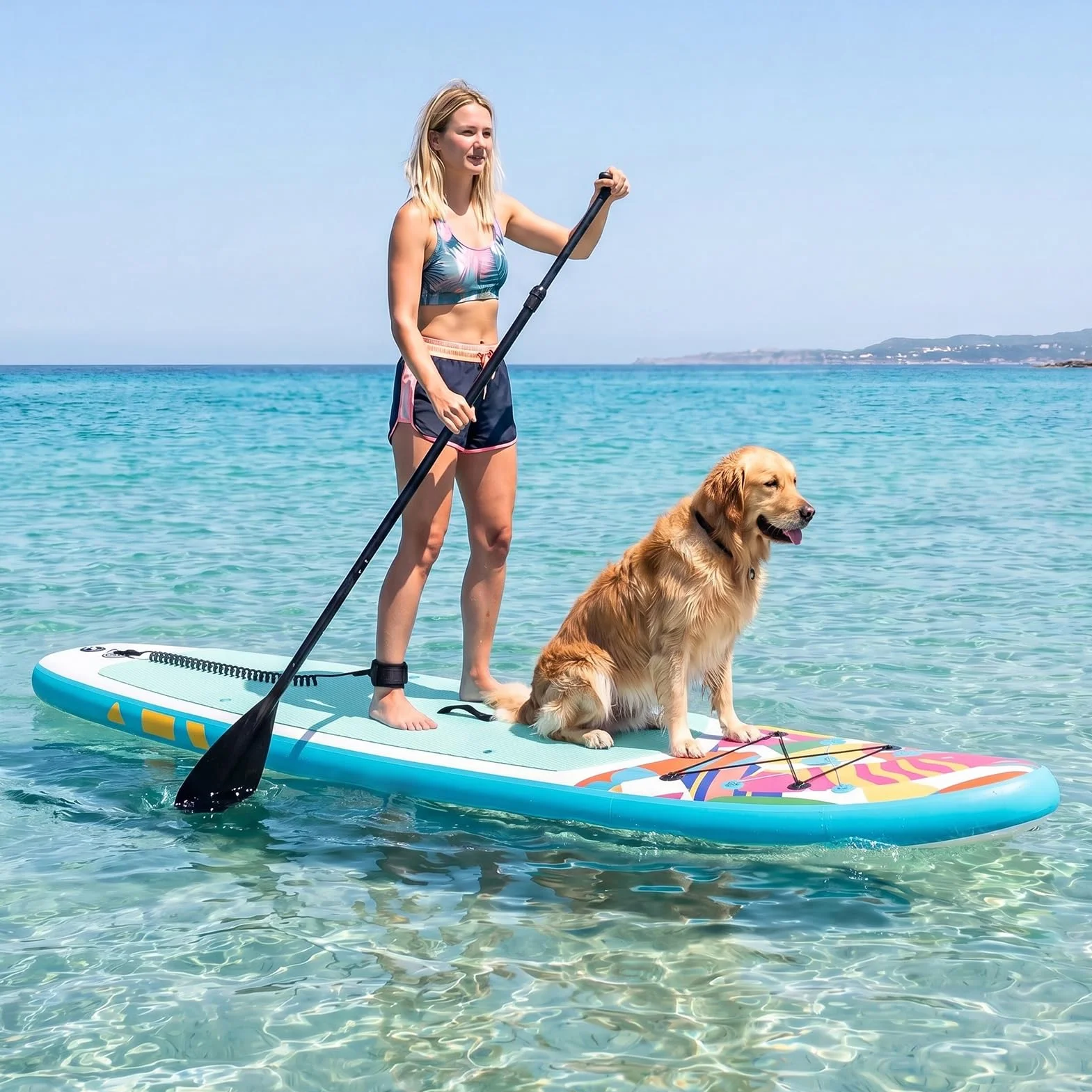 HOMASIS Tavola da SUP Gonfiabile, Paddle Board con Pompa Manuale, 3 Pinne Rimovibili, 336 x 77 x 16 cm