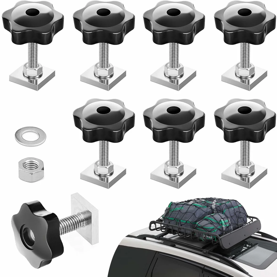 8 Pezzi Viti T-Nut M6 x 35mm, Adattatore T-Nut con Dadi A Stella M6 e Rondelle, per Portapacchi, Portabiciclette e Barre da Tetto