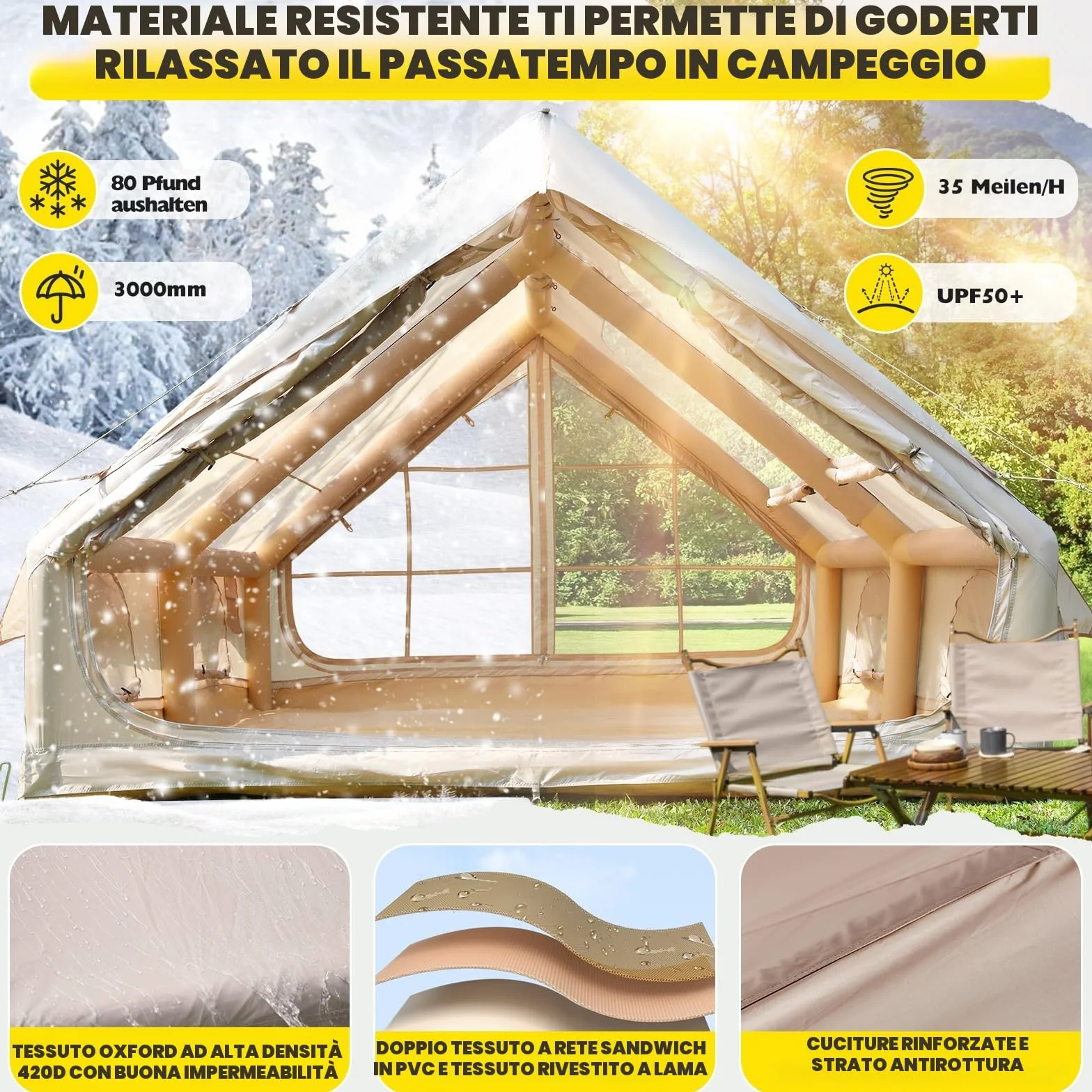 Tenda da campeggio gonfiabile 2-8 persone con apertura camino e lucernario, Oxford impermeabile 4 stagioni, pompa aria