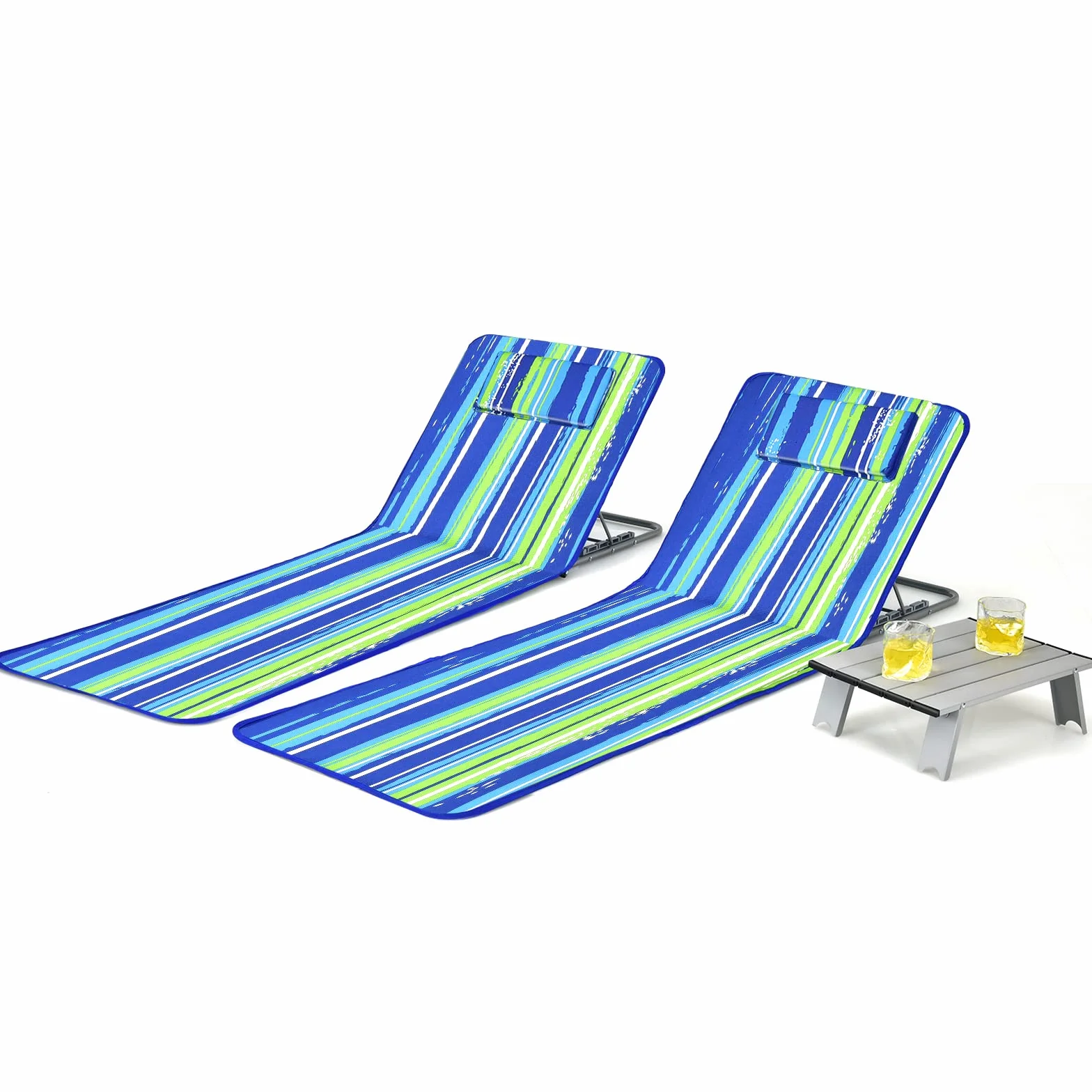 GYMAX Tappetino da Spiaggia Reclinabile Set 2 Sedie e Tavolino Pieghevole Multifunzione Blu e Verde