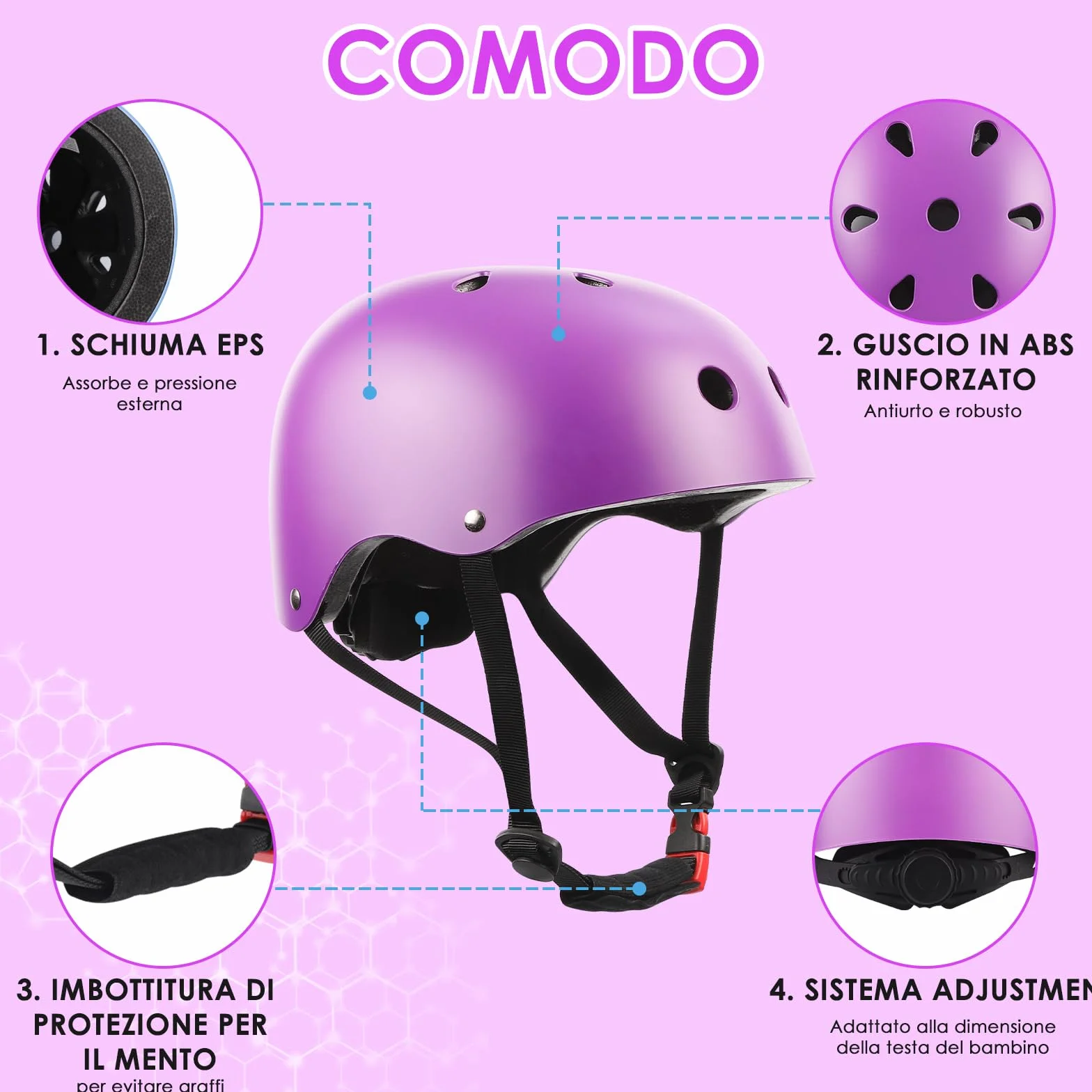 ZWOOS Protezioni Skateboard Bambino,Protezioni Bici Bambino con Casco Regolabile Ginocchiere Gomitiere, Protezioni Skateboard Bambini per Skateboard,Bicicletta,Pattinaggio, Monopattino (viola)
