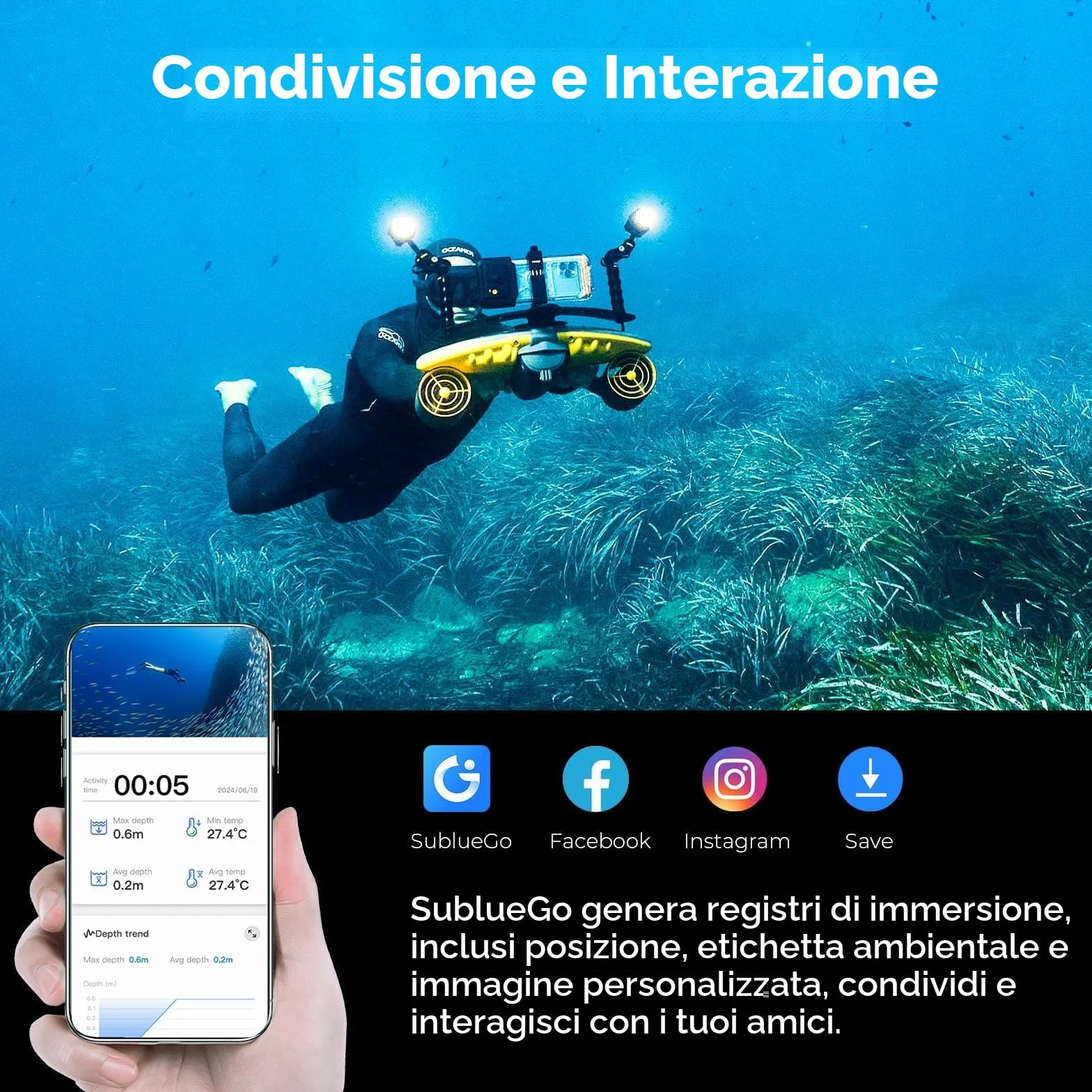 Sublue Navbow Plus Smart Monopattino subacqueo a Doppio Motore con Supporto Action Camera 2 m/s Arancione