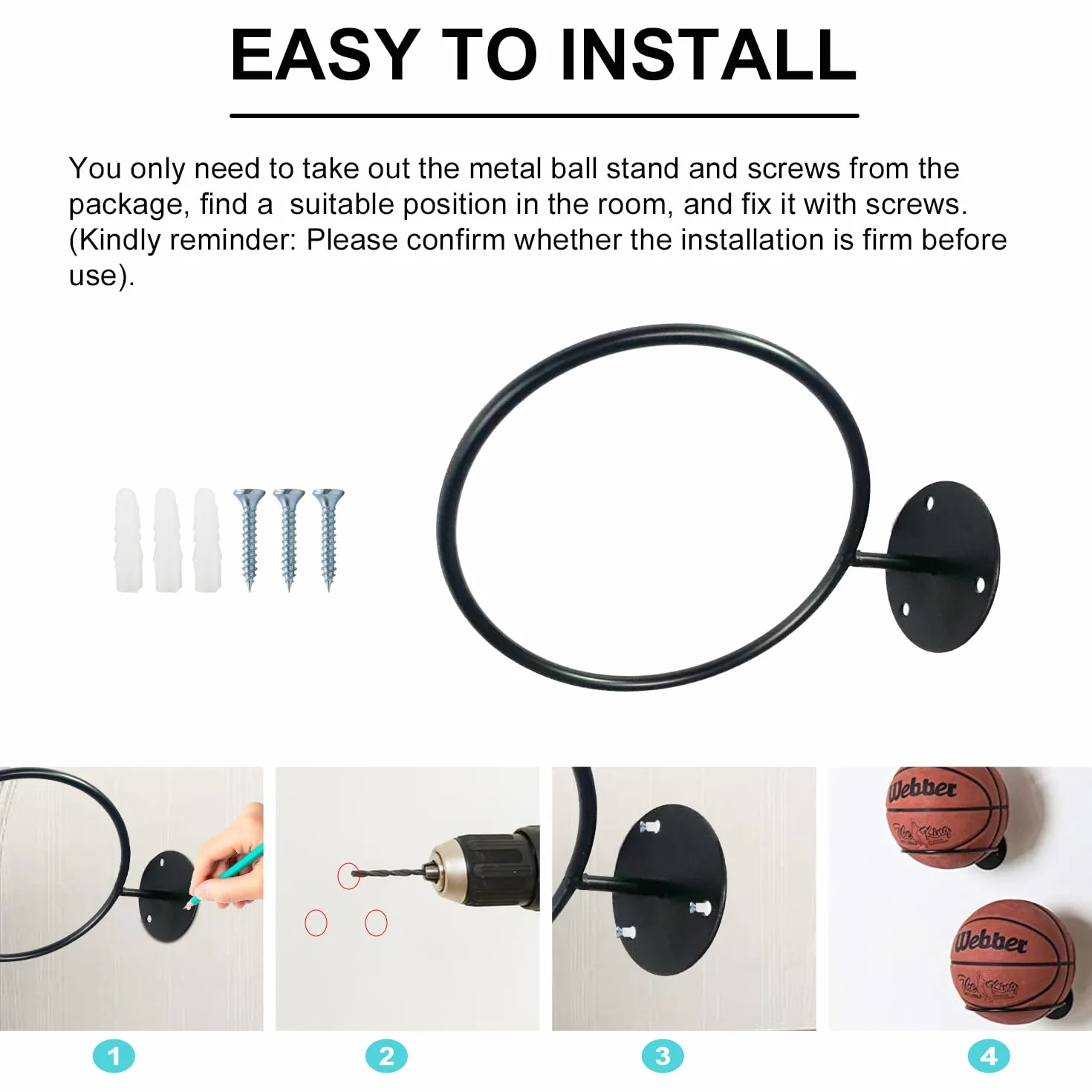 Porta Palloni Da Muro In Metallo 4 Pezzi per Pallacanestro, Calcio, Pallavolo, Rugby con 12 Viti