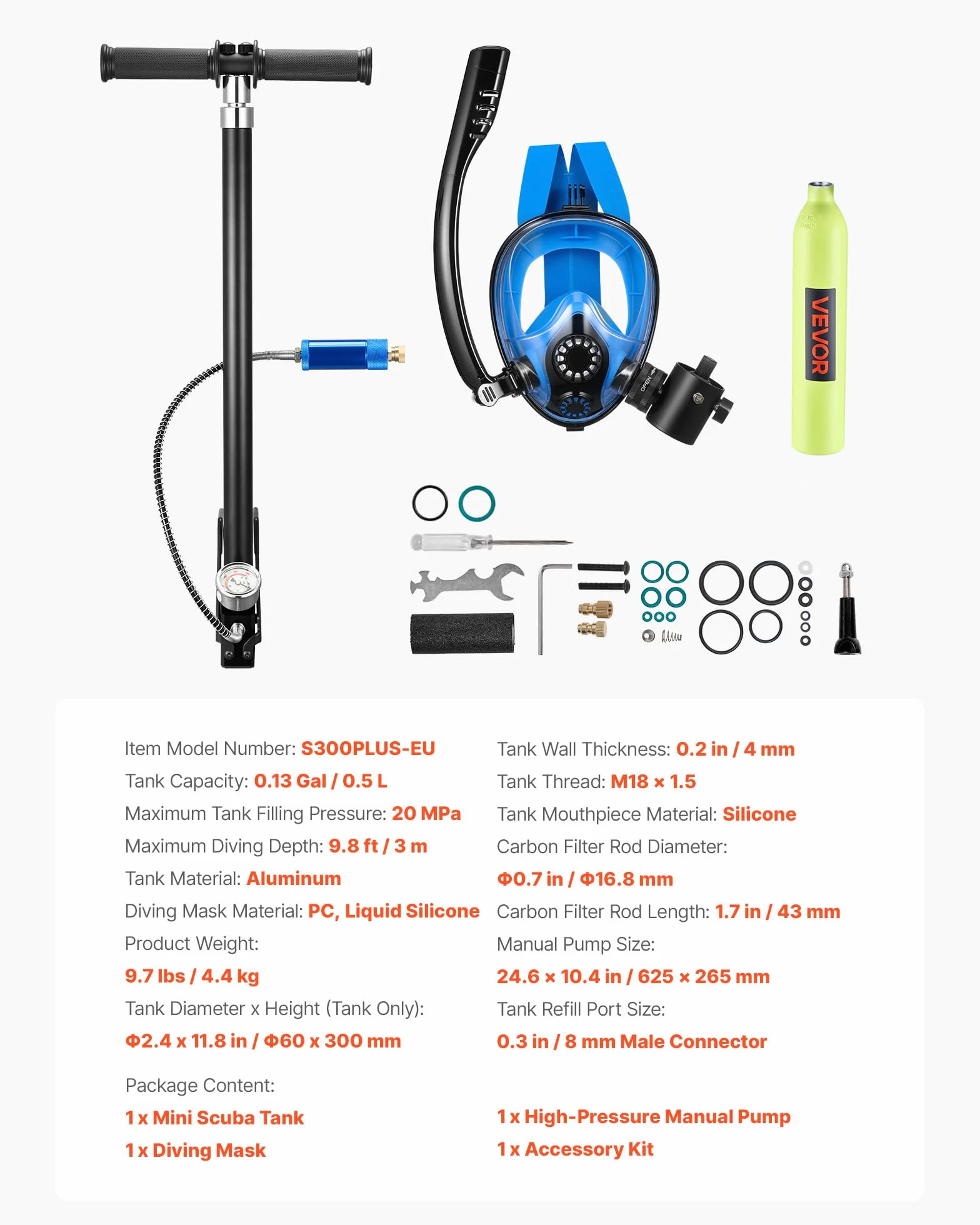 VEVOR Mini Bombola Subacquea, Set Bombola Portatile 0,5L con Maschera Integrale, Pompa Manuale ad Alta Pressione, Scuba Tank Autonomia 10 Minuti