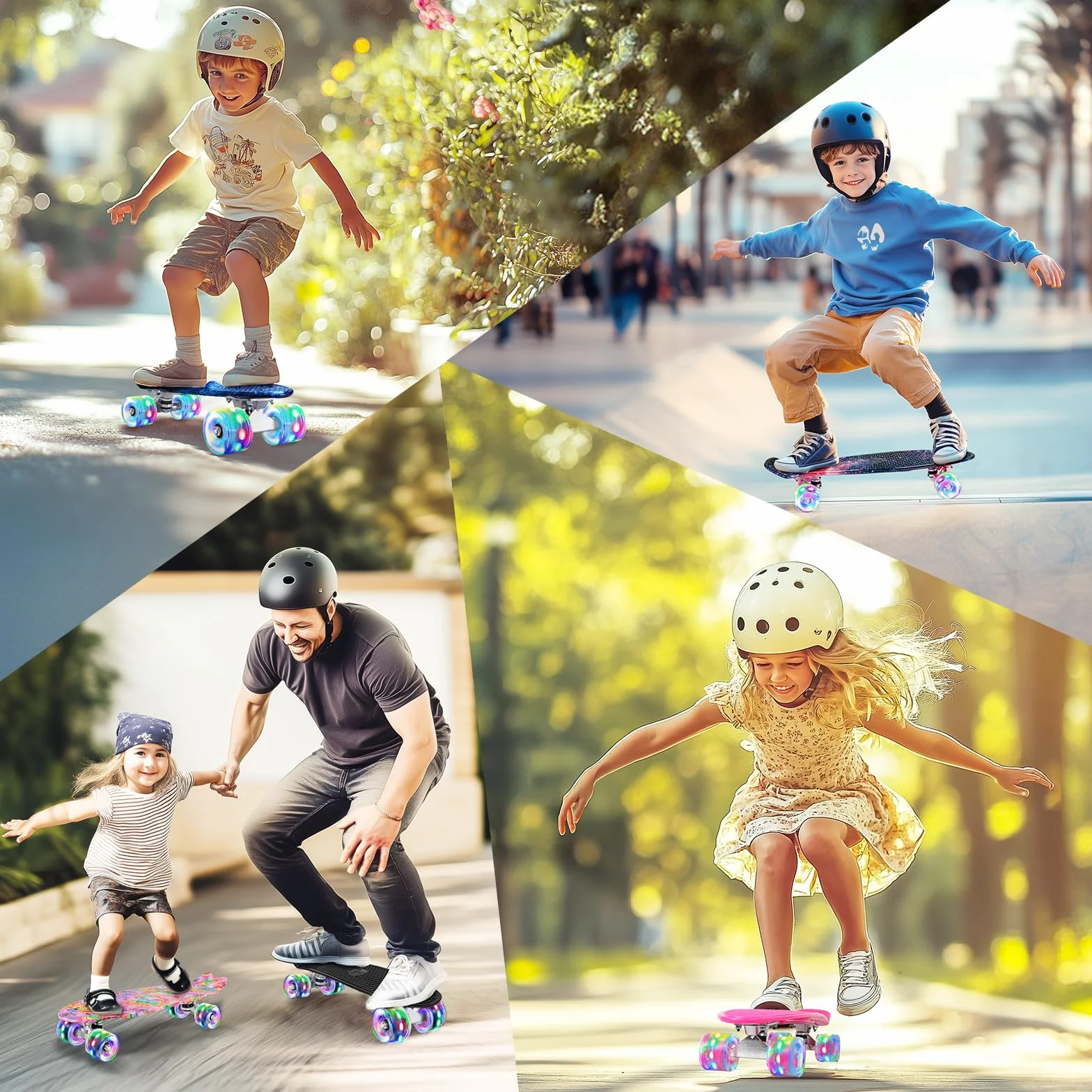 BELEEV Skateboard Cruiser da 55,9 cm per bambini, ragazzi, adolescenti, adulti, principianti, ruote luminose a LED, mini skateboard classico completo con attrezzo a T, carico massimo 99,8 kg