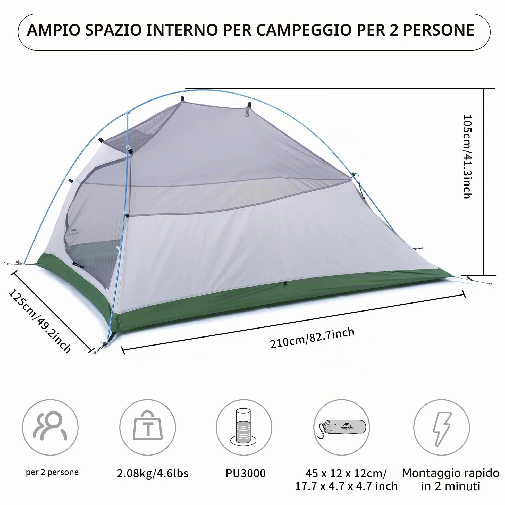 Naturehike Cloud Up 2 Tenda da Campeggio 3-4 Stagioni 2 Persone Leggera Impermeabile