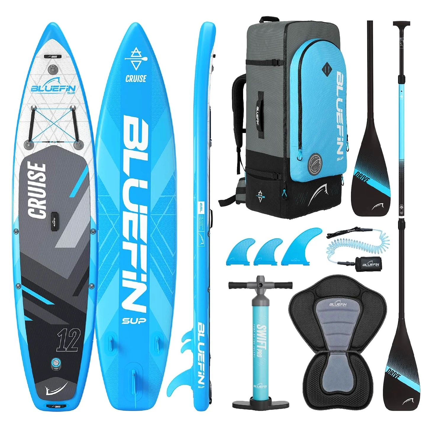 Bluefin Cruise Premium Set Paddle Stand Up, Paddleboard Gonfiabile per Adulti, Pacchetto SUP con Zaino, Paddle in Fibra di Vetro e Pompa