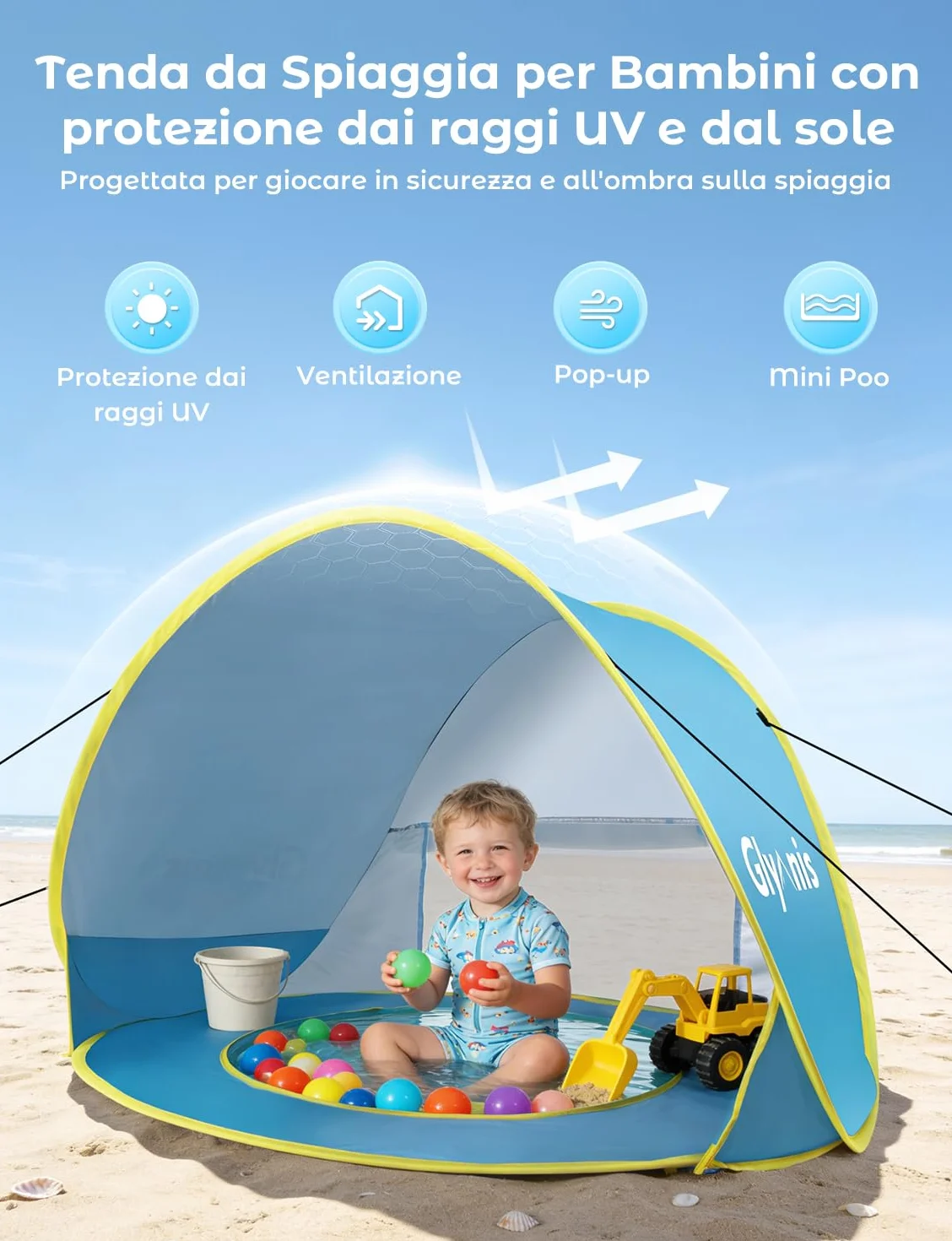 Glymnis Tenda da Spiaggia Bambini Tenda Bambini Pop Up con Mini Piscina Tenda per Neonati Pieghevole Portatile Protezione Solare UPF 50+, Blu