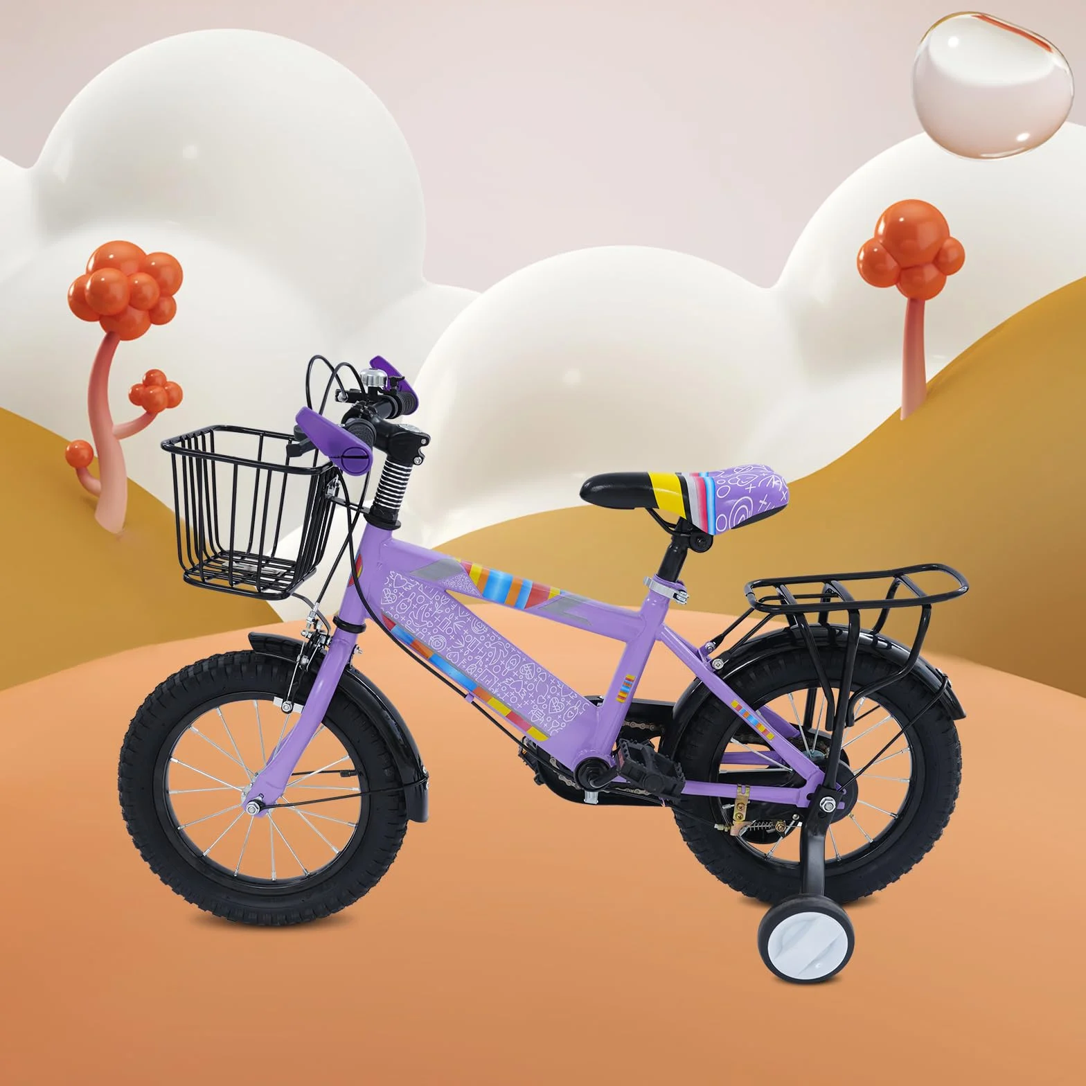 Bicicletta per bambini 14 pollici con rotelle e cestino regolabile