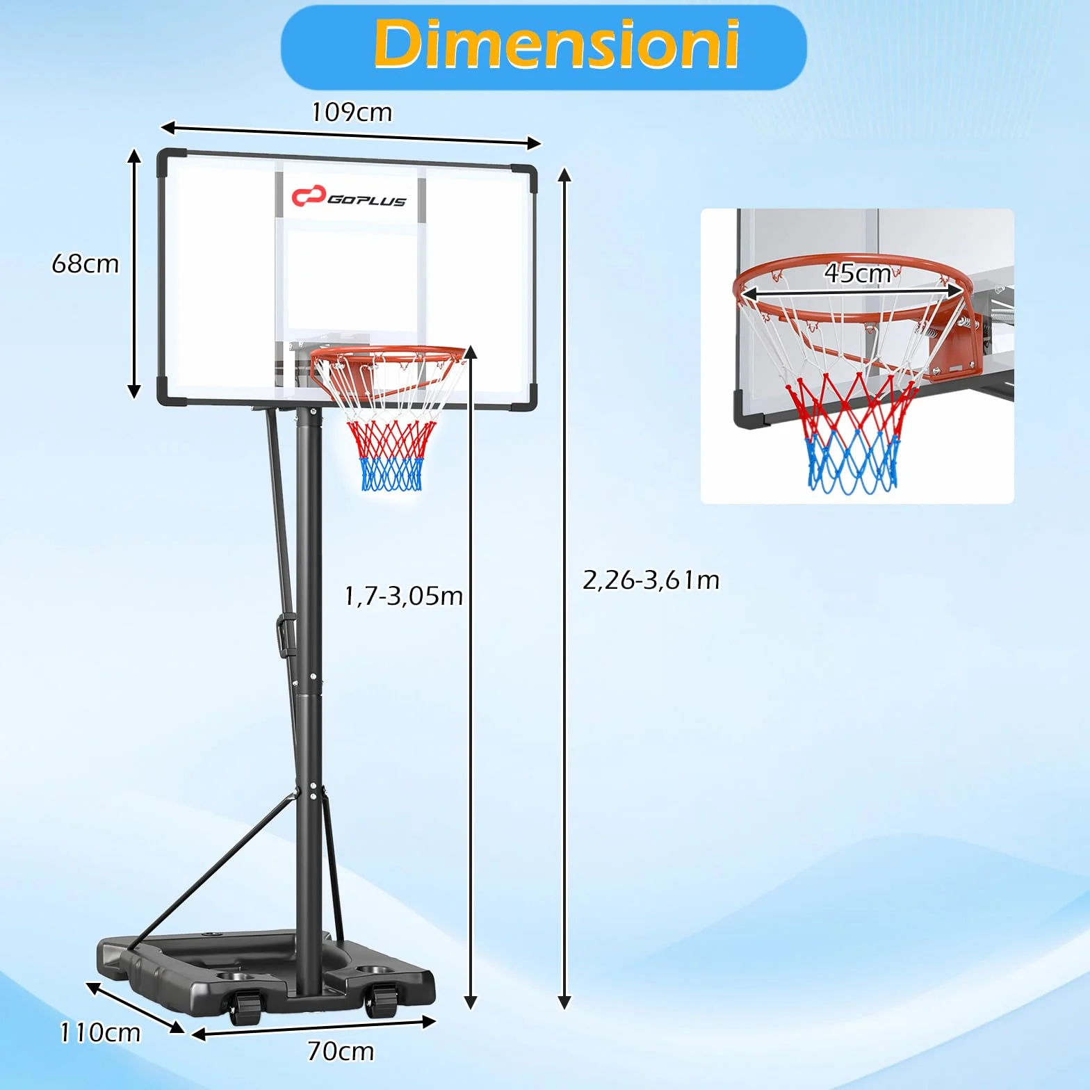 COSTWAY Canestro da Basket Portatile Altezza Regolabile 226-361 cm Tabellone Infrangibile Base Riempibile