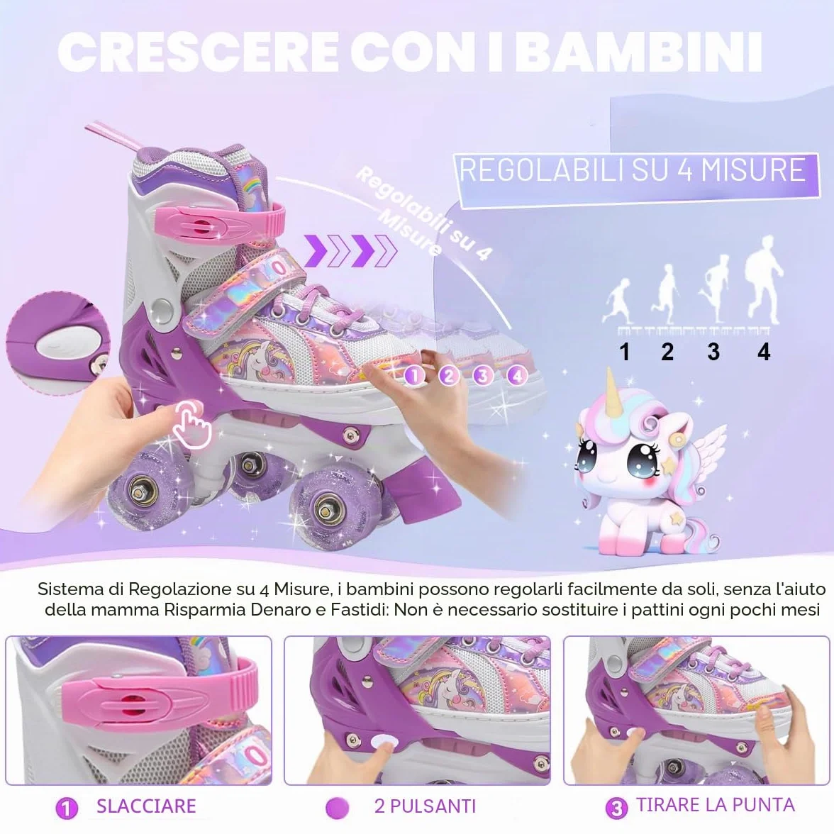 Pattini a Rotelle Bambina,Pattini a 4 Ruote Regolabili in 4 Misure con 8 Ruote Lampeggianti per Ragazzi,Ragazze e Principianti