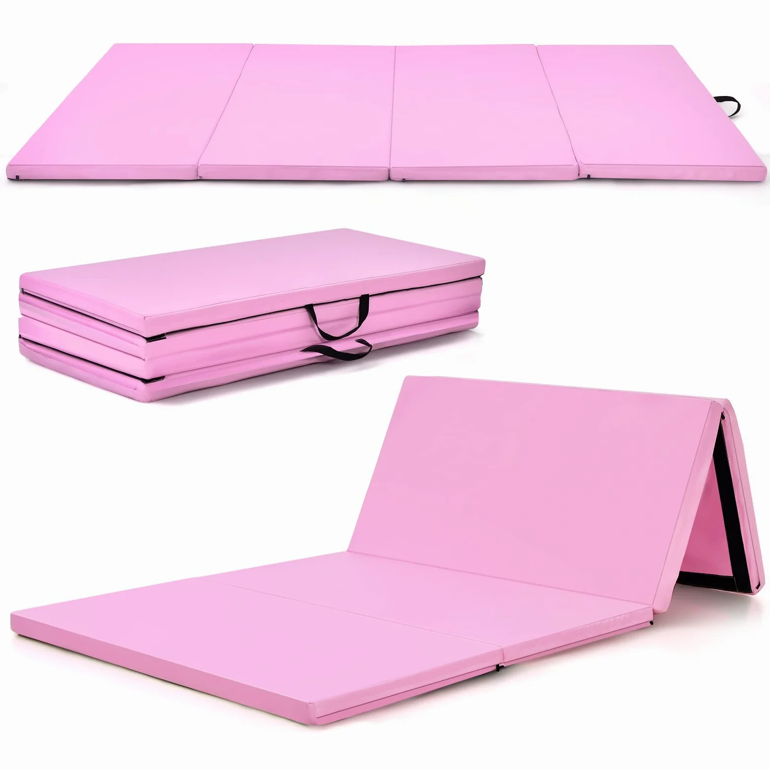 GYMAX Tappetino Fitness Yoga, 240x120x5 cm, 4 Segmenti Pieghevoli, Materassino da Ginnastica, Impermeabile in Schiuma PU, con Manici, Leggero e Portabile, Trasporto Facile