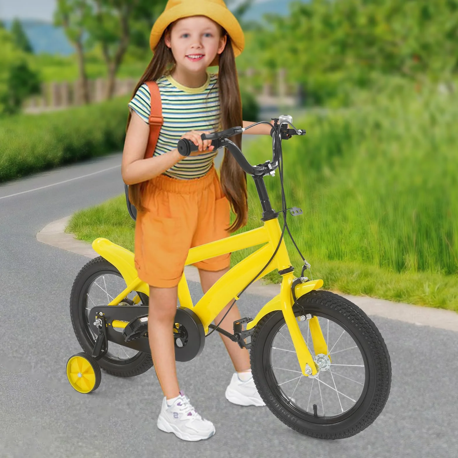 Bicicletta per bambini 14 pollici con ruote di supporto e parafanghi, freno doppio, altezza regolabile 43-49 cm