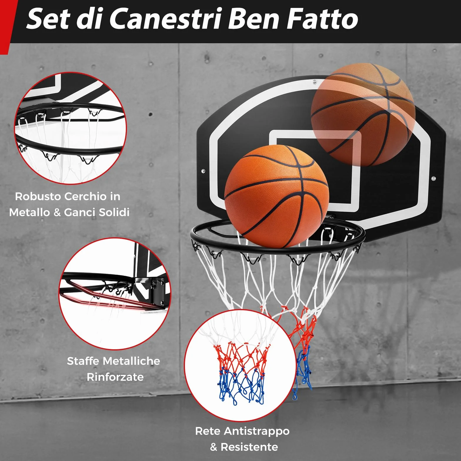 COSTWAY Tabellone Basket da Muro per Bambini e Adulti, Canestro da Parete 72x45,5 cm con Rete Anti-vento