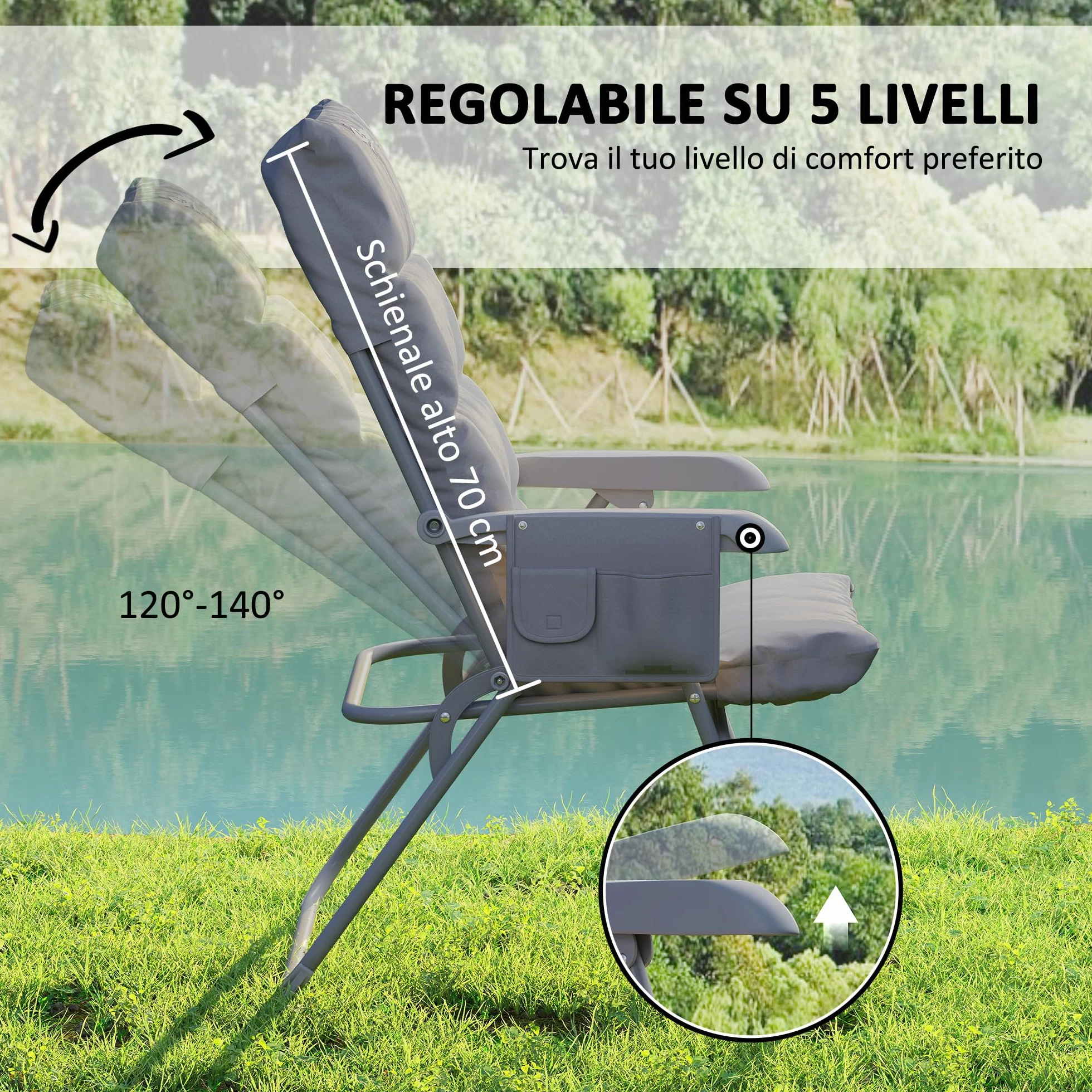 Outsunny Sedia da Campeggio Pieghevole con Schienale Alto Regolabile su 5 Livelli e Tasche Laterali, Sedia da Giardino in Tessuto Oxford e Metallo, Portata Fino a 120 kg, 66x58x105 cm, Grigio Chiaro