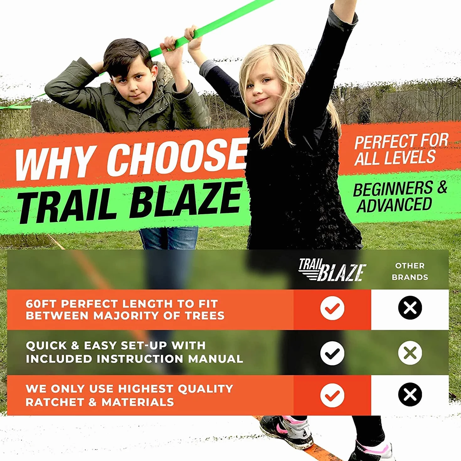 Slackline Kit completo per principianti Cinghia di apprendimento protezioni per albero borsa per il trasporto tecnologia cricchetto impugnatura ergonomica