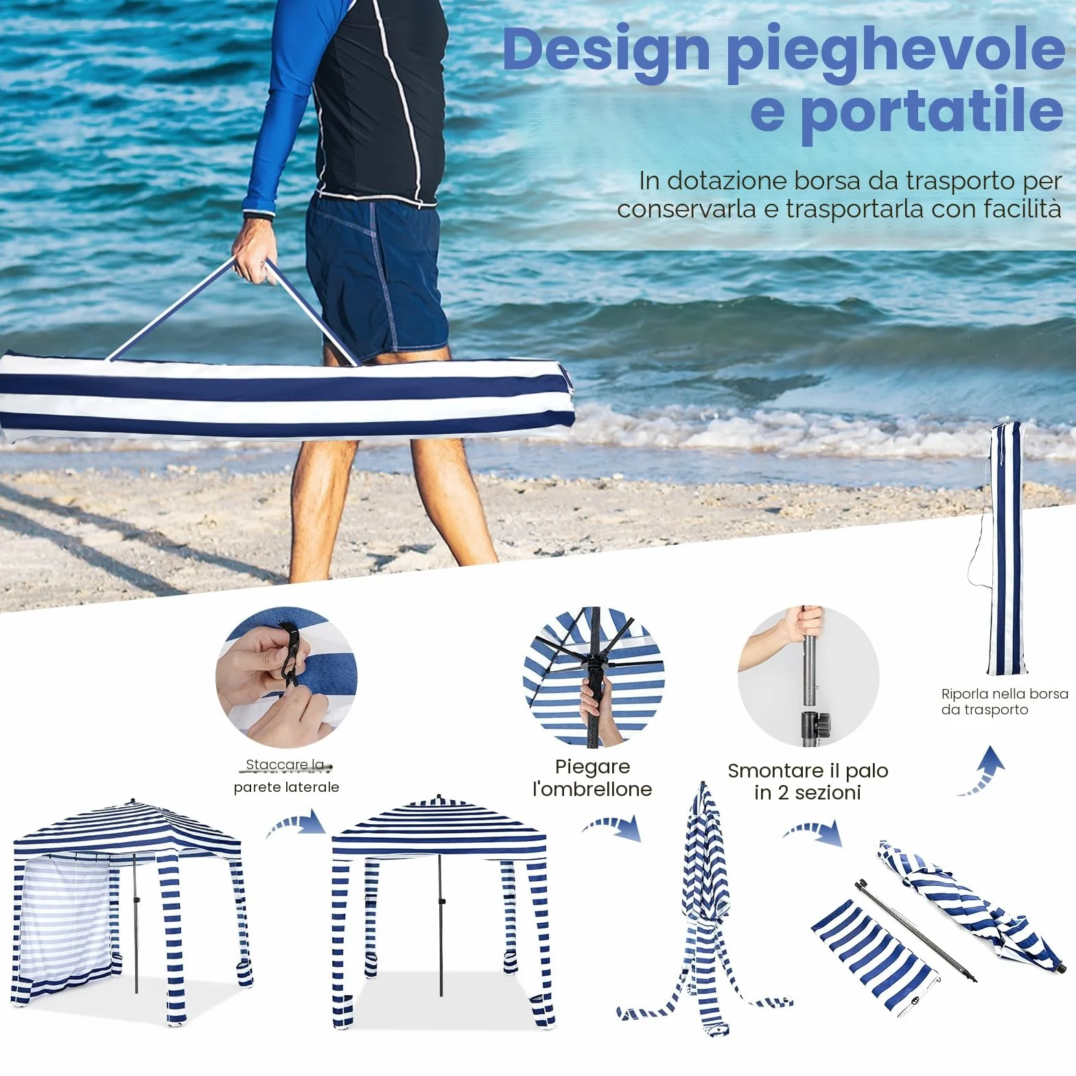 HOMASIS Tenda da Spiaggia Portatile 1,8 x 1,8 m, Parasole Spiaggia con Protezione Solare Regolabile in Altezza, Gazebo con Parete Laterale Rimovibile, Tenda con Borsa per il Trasporto (Blu)