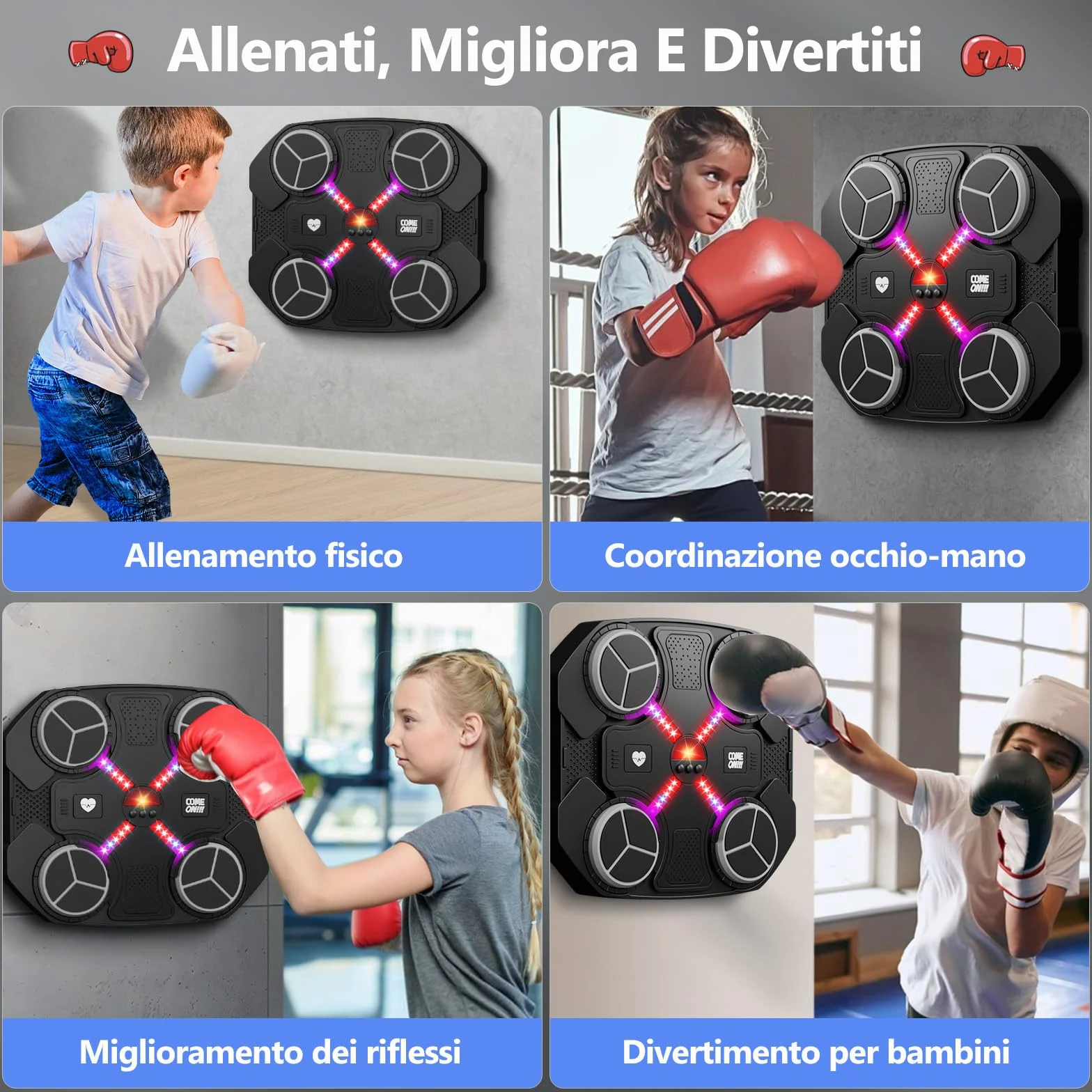 Macchina da Boxe Musicale, Music Boxing Machine Bluetooth Ricaricabile da Montare a Muro con 3 Livelli di velocità, Guanti, Luci Colorate, Cuscinetti da Boxe, Regalo per Ragazzi e Ragazze (Nero)