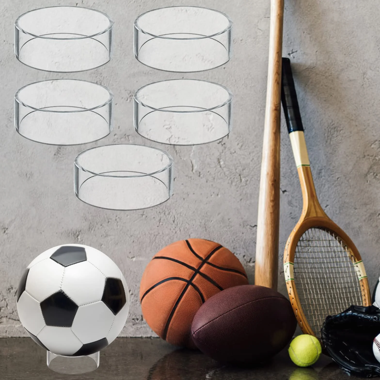 Espositore per Pallone da Calcio in Acrilico 5 Pezzi, Supporto da Palla Trasparente per Pallacanestro Rugby Baseball
