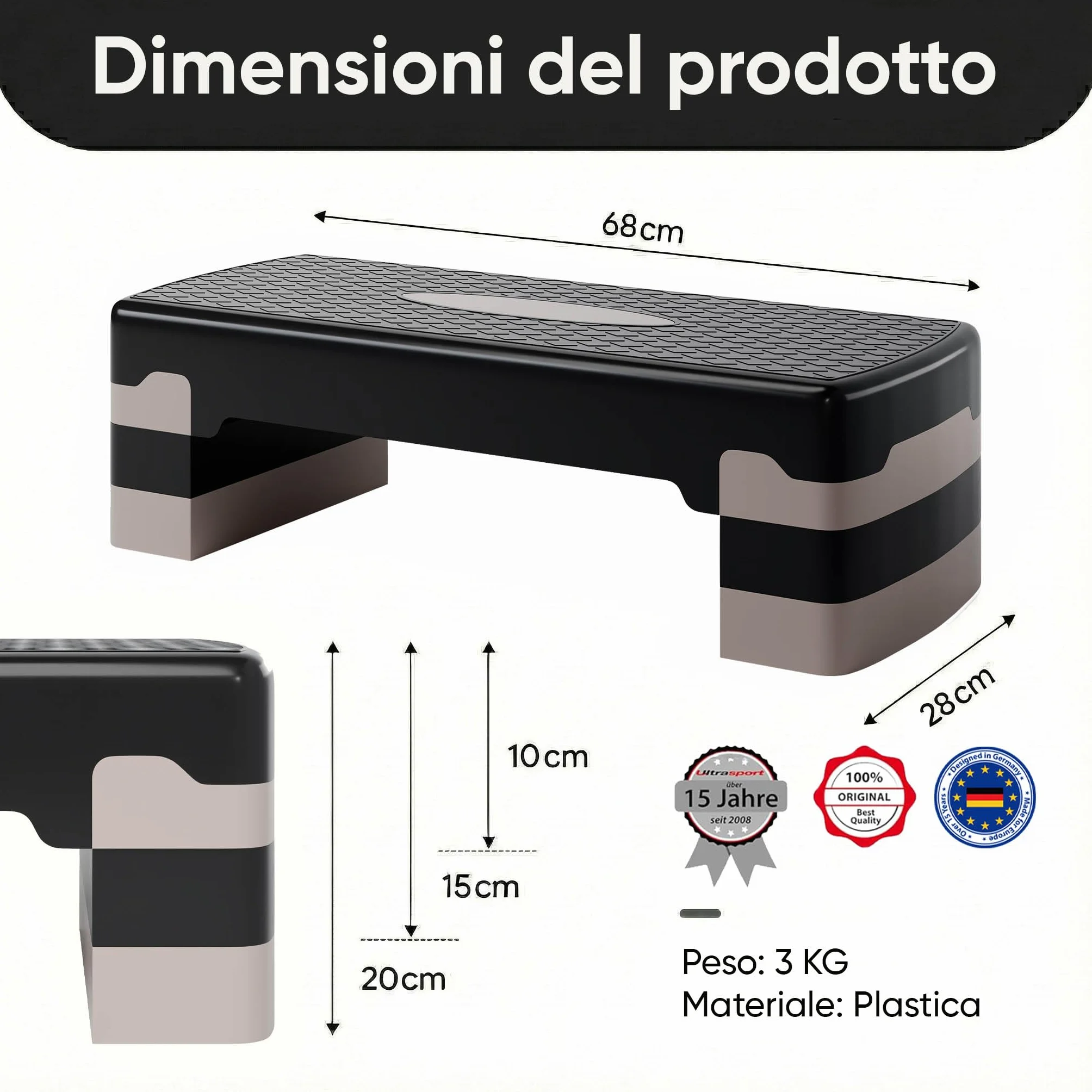Ultrasport Step Fitness Aerobica Stepper Casa Antiscivolo Regolabile 3 Altezze Stepboard 68x28 cm Grigio