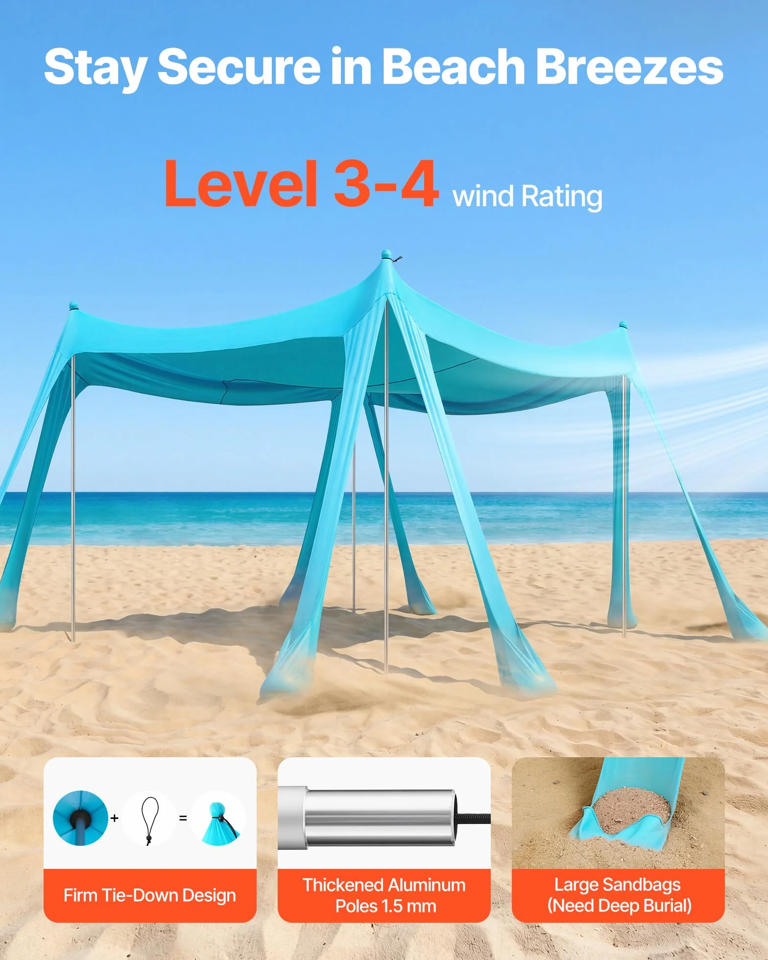 VEVOR Tenda da Sole Portatile da Spiaggia Parasole Portatile da Spiaggia Protezione Solare UPF 50+ Capienza ca. 4-7 Persone, Parasole con Pali di Supporto Sacchi di Sabbia per Viaggio Campeggio, Verde