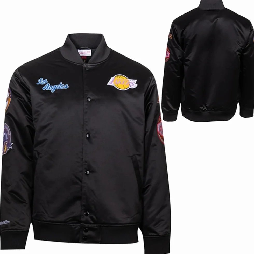 Mitchell & Ness NBA Blackout Giacca in raso pesante | Toppe e ricami di alta qualità su petto e maniche | Polsini a coste su collo, maniche e orlo | Tasche a filetto